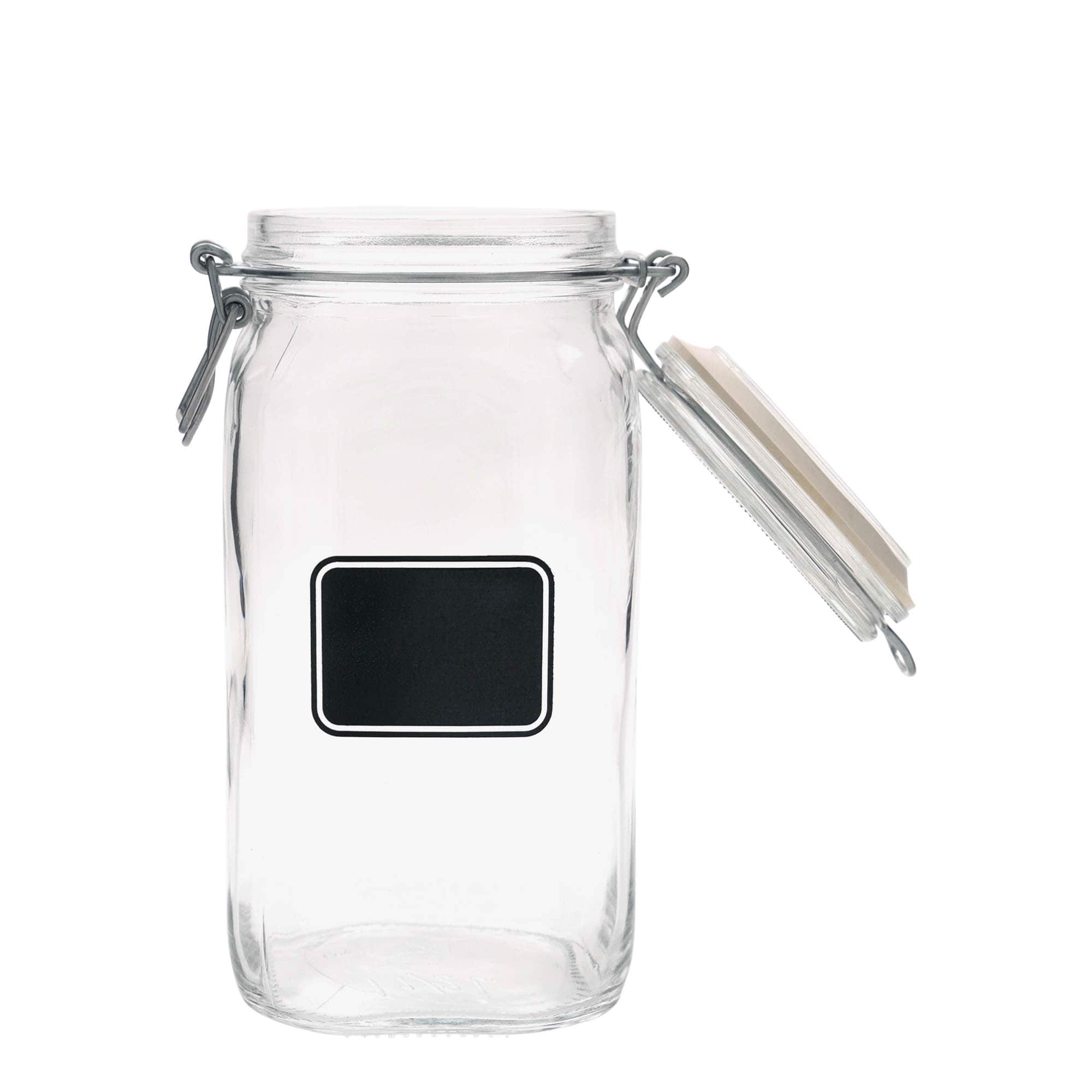 1.500 ml Drahtbügelglas „Fido“, Motiv: Etikettenfeld, quadratisch, Mündung: Drahtbügelverschluss