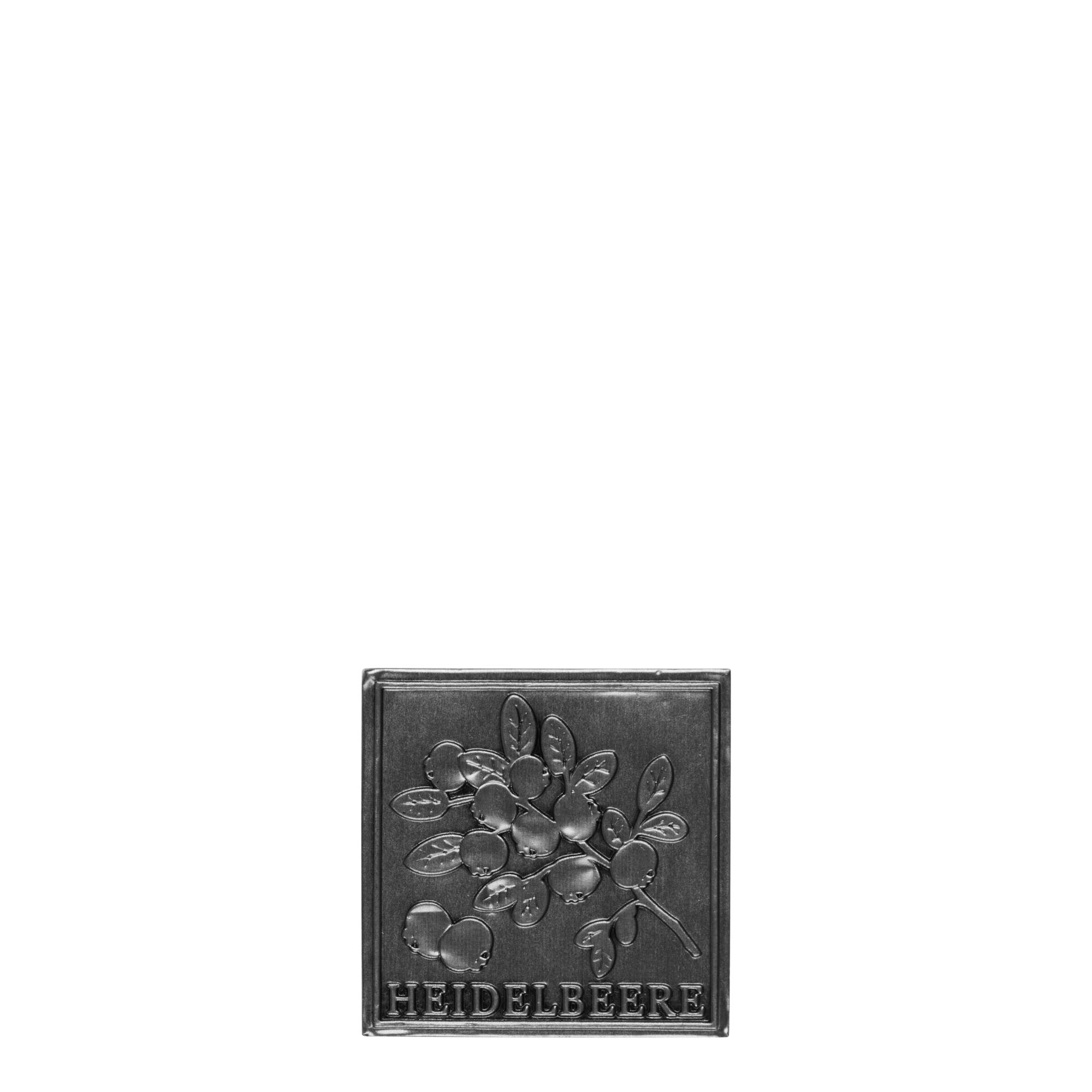 Zinnetikett „Heidelbeere“, quadratisch, Metall, silber