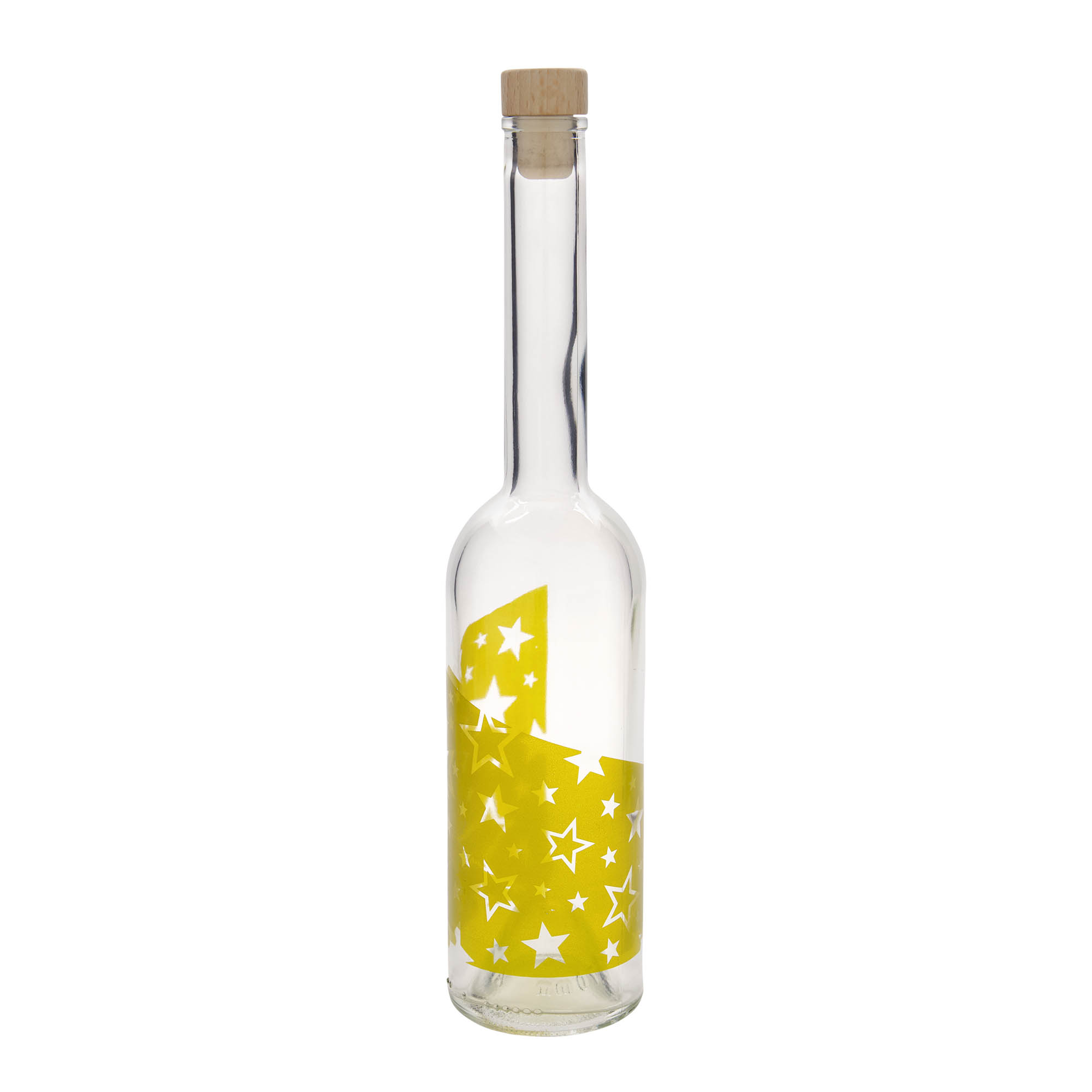 500 ml Glasflasche 'Opera', Motiv: Goldsterne, Mündung: Kork