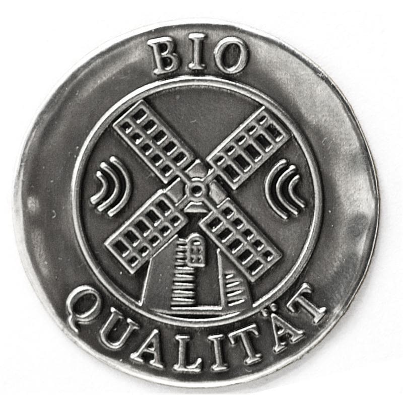 Zinnetikett 'Bio Qualität', rund, Metall, silber
