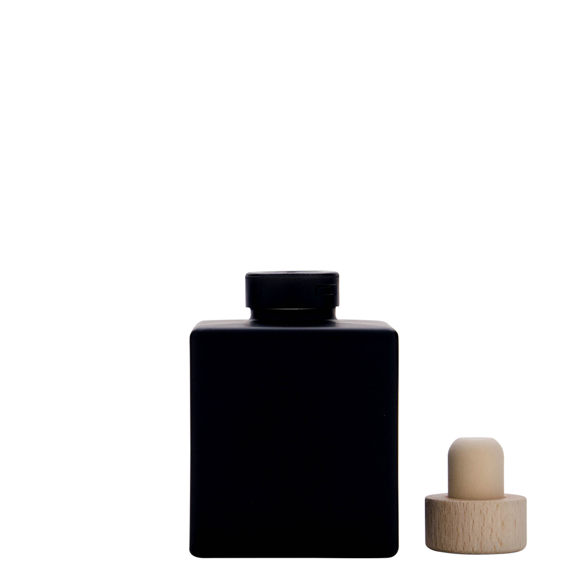 100 ml Glasflasche 'Cube', quadratisch, schwarz, Mündung: Kork