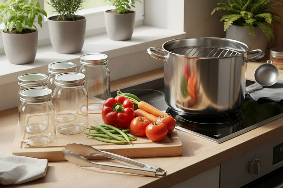 Botulismus Person hält ein Glas mit eingelegtem Gemüse in der linken Hand und zeigt mit dem rechten Zeigefinger auf den Inhalt