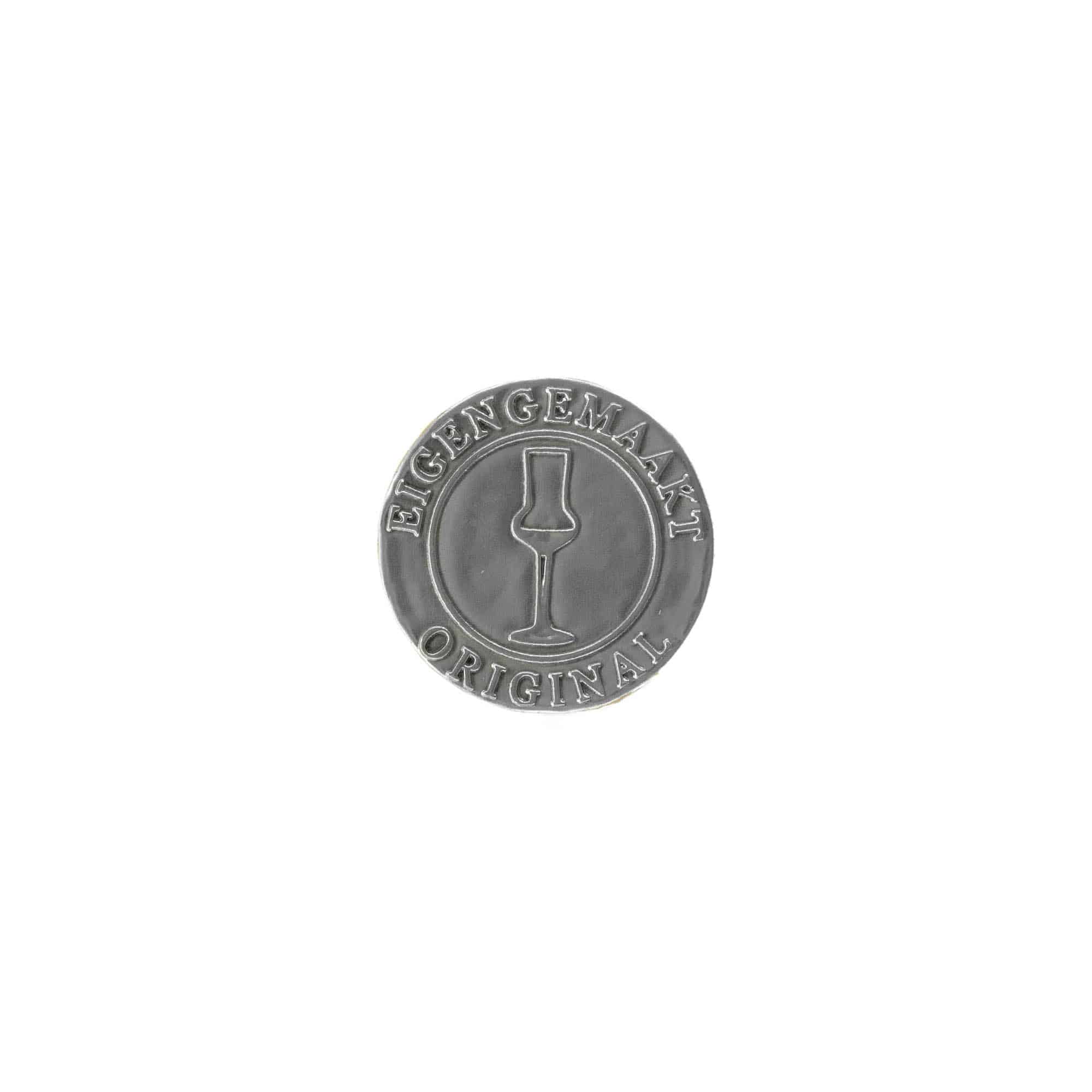 Zinnetikett 'Eigengemaakt', rund, Metall, silber