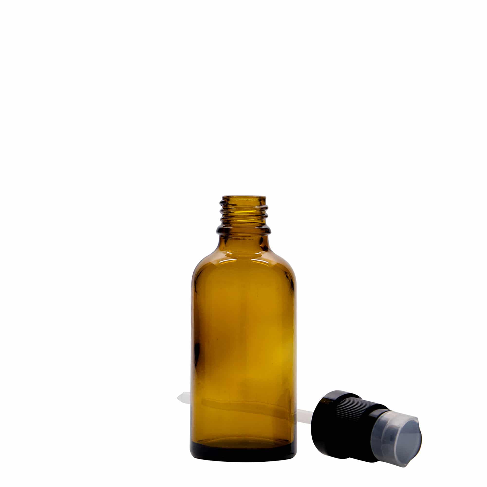 50 ml Medizinflasche mit Lotionspumpe, Glas, braun, Mündung: DIN 18 50 ml Medizinflasche mit Lotionspumpe, Glas, braun, Mündung: DIN 18