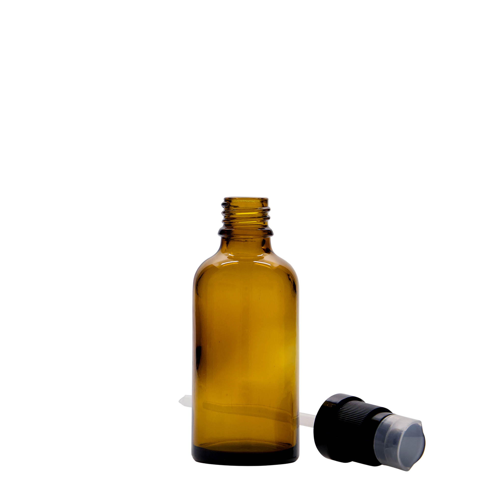 50 ml Medizinflasche mit Lotionspumpe, Glas, braun, Mündung: DIN 18 50 ml Medizinflasche mit Lotionspumpe, Glas, braun, Mündung: DIN 18