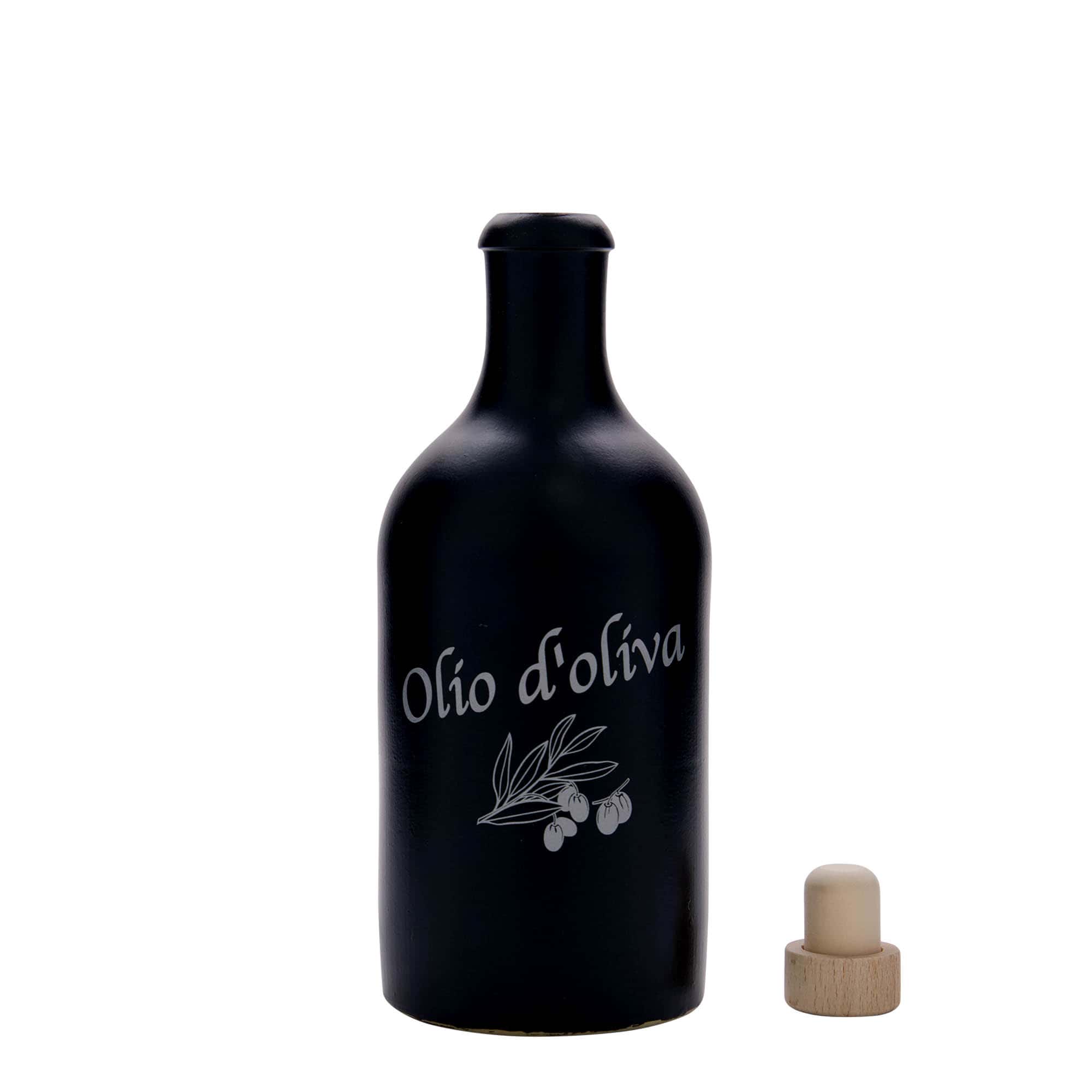 500 ml Tonkrug, Motiv: Olio d'Oliva, Steinzeug, schwarz, Mündung: Kork