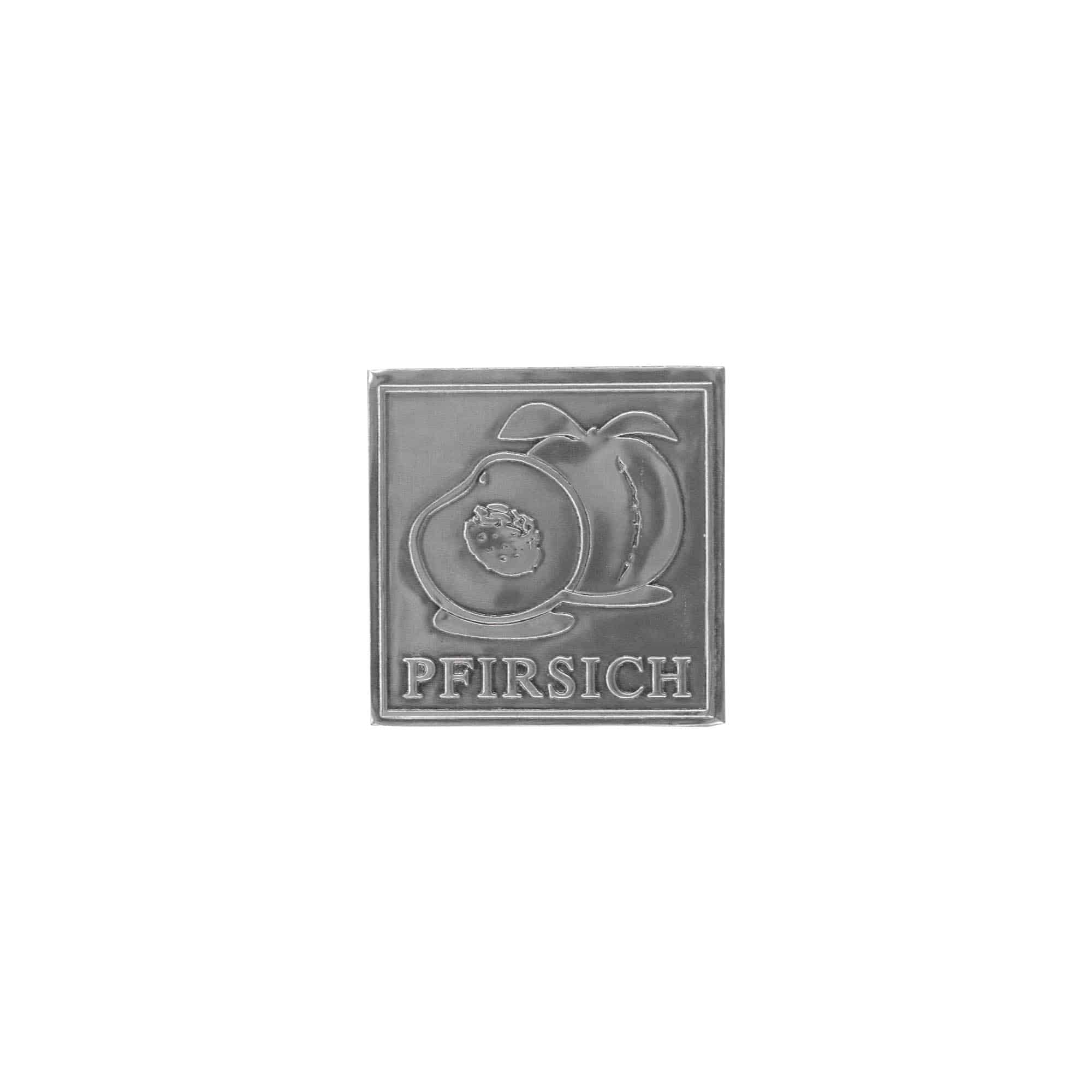 Zinnetikett „Pfirsich“, quadratisch, Metall, silber