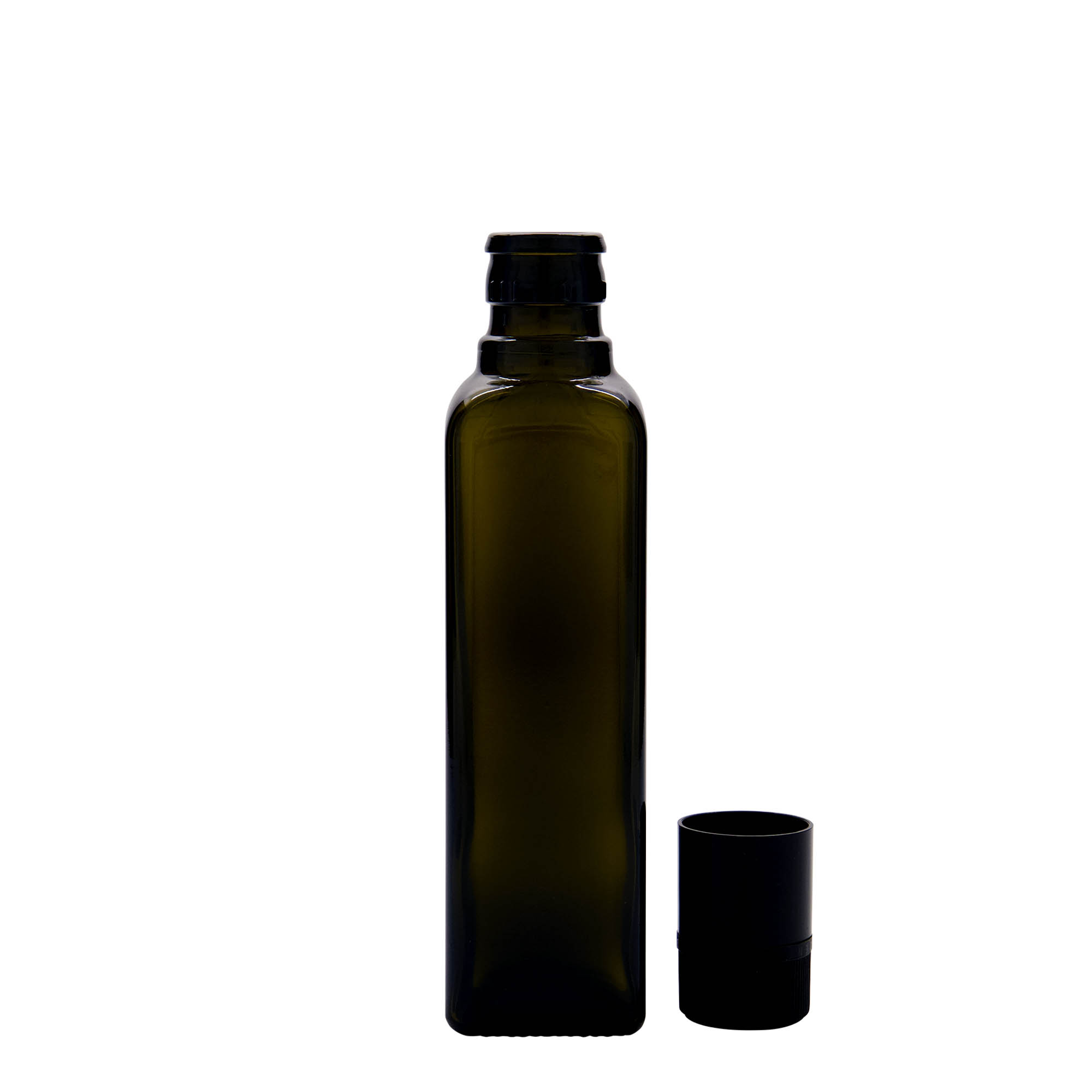 250 ml Essig-/Ölflasche „Quadra“, Glas, quadratisch, antikgrün, Mündung: DOP
