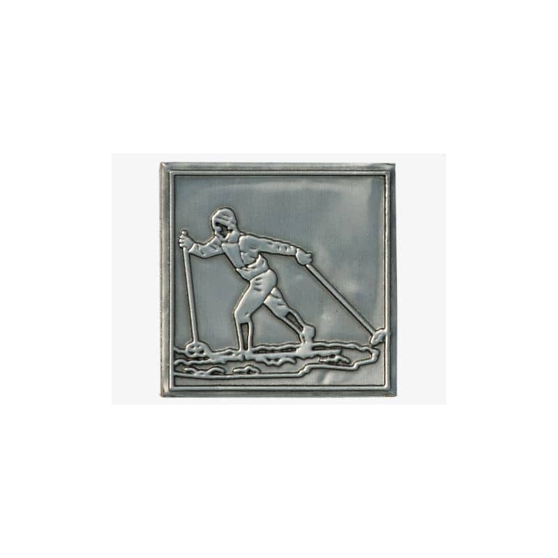 Zinnetikett 'Skilangläufer', quadratisch, Metall, silber Zinnetikett 'Skilangläufer', quadratisch, Metall, silber