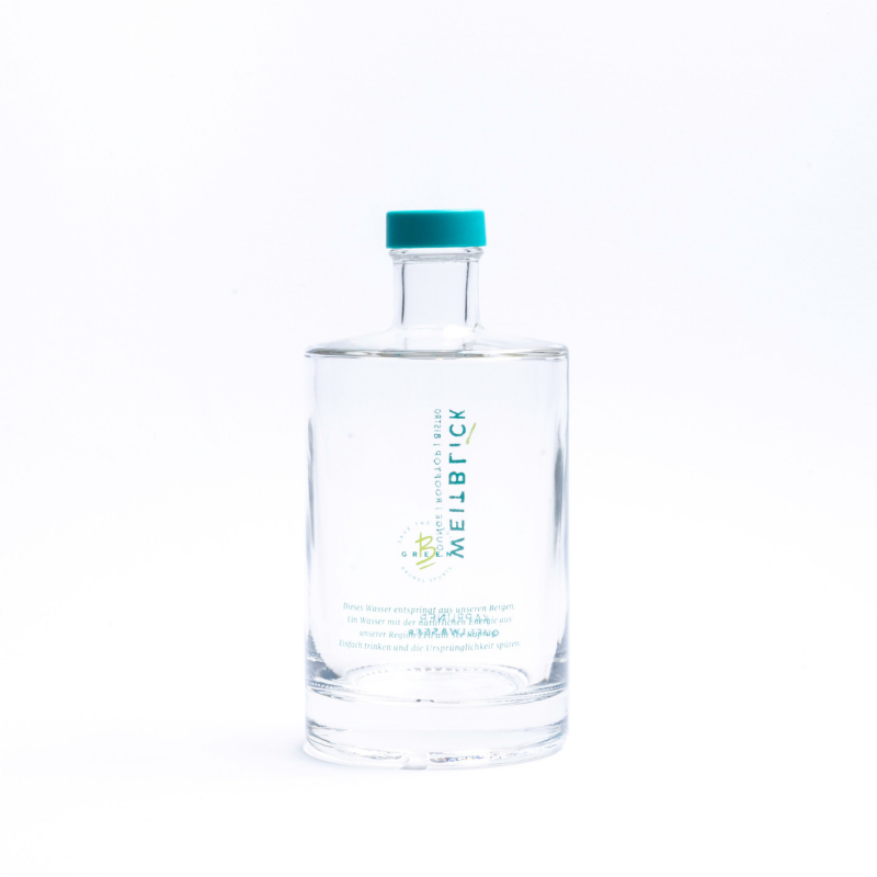 Bedruckte Zylinderflasche Weitblick-Logo Produktbeispiel: transparente Zylinderflasche Aventura mit bedrucktem Weitblick-Logo