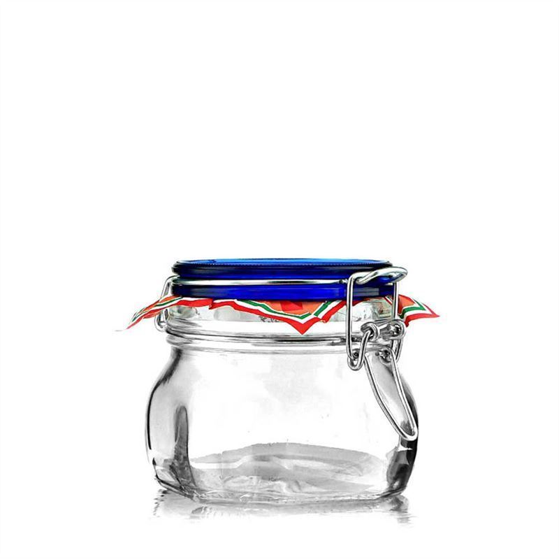 500 ml Drahtbügelglas 'Fido' Blue Top, quadratisch, Mündung: Drahtbügelverschluss