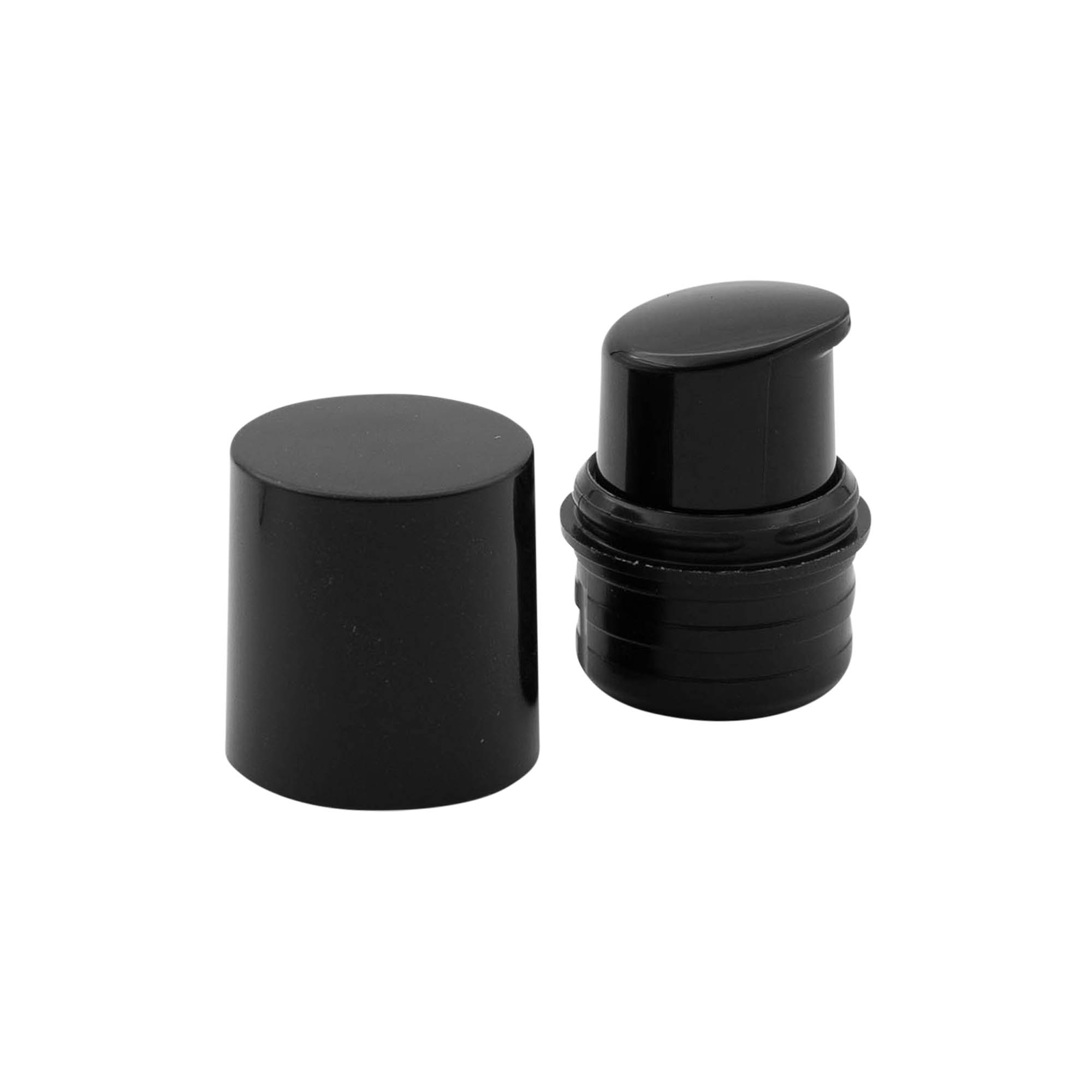 Airless Dispenser Pumpkopf „Nano“, PP-Kunststoff, schwarz mit schwarzer Kappe