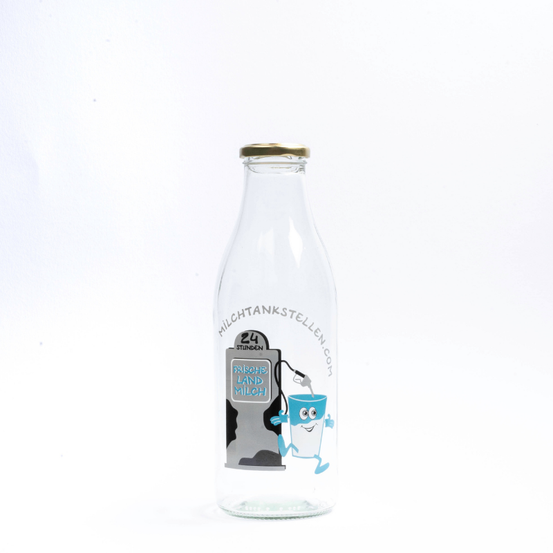 Bedruckte Weithalsflasche Milchtankstelle Produktbeispiel: transparente Weithalsflasche bedruckt mit 3-farbigem Logo einer Milchtankstelle
