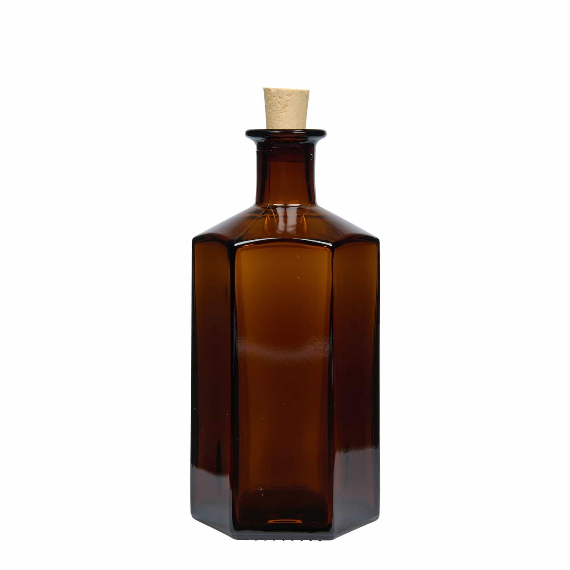 500 ml Glasflasche Apotheker 'Jimmy'. sechseckig. braun. Mündung: Kork