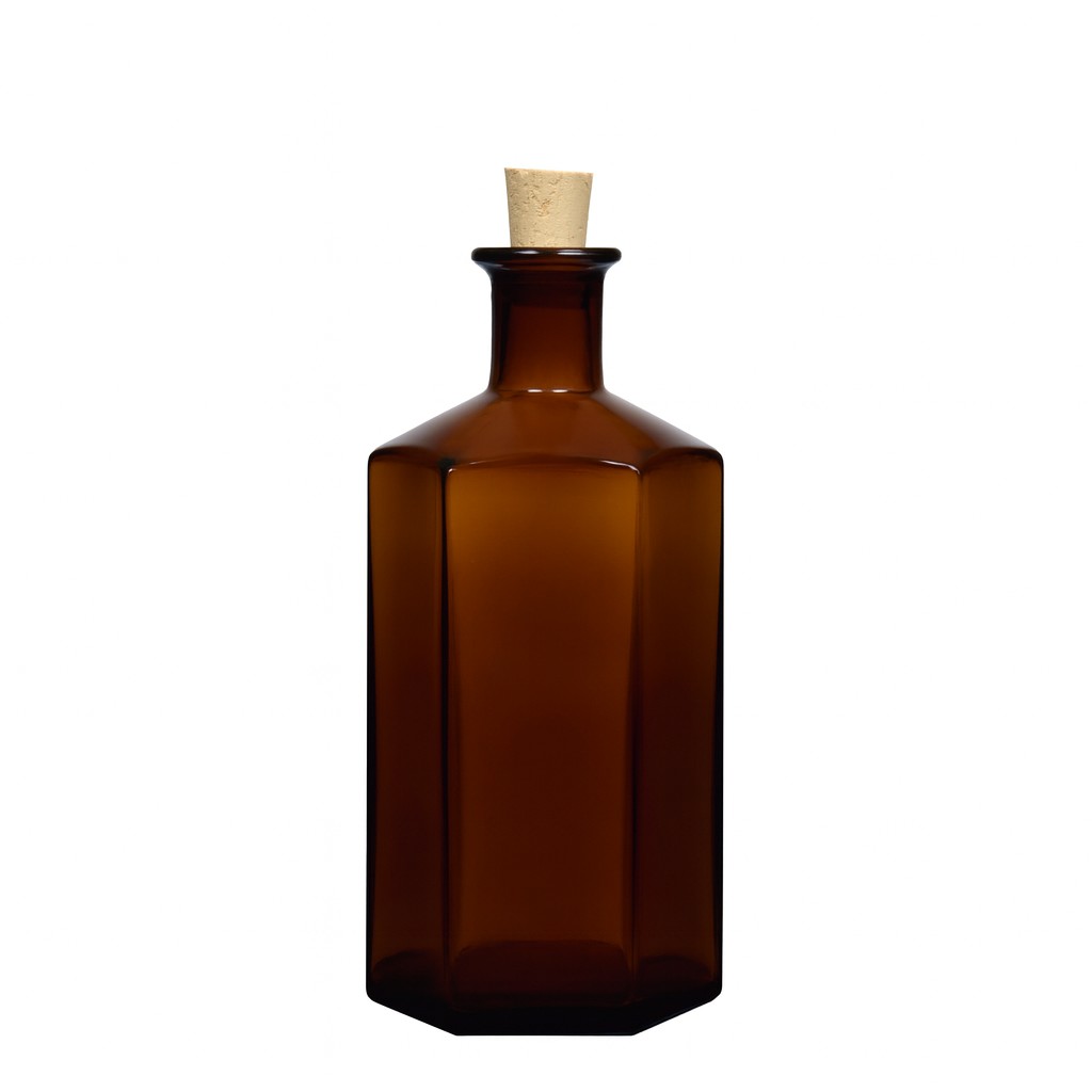 500 ml Glasflasche Apotheker 'Jimmy', sechseckig, braun, Mündung: Kork