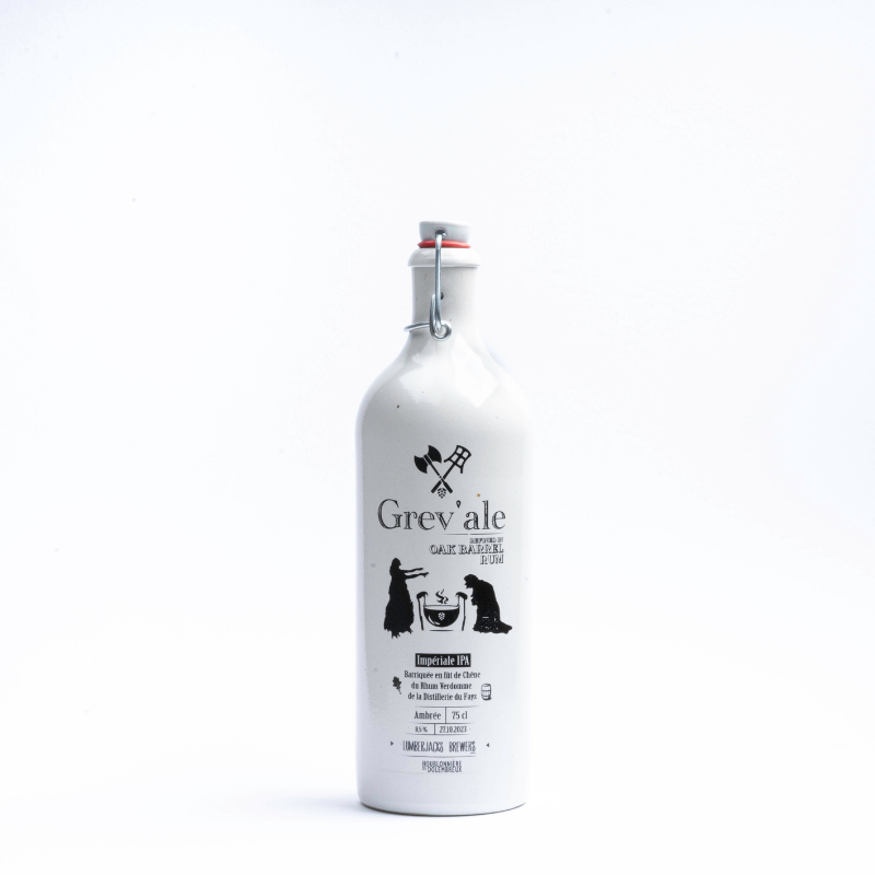 Bedruckte Bügelverschlussflasche mit Grev'ale-Logo Produktbeispiel: weiße Bügelverschlussflasche mit aufgedrucktem Design von Grev'ale