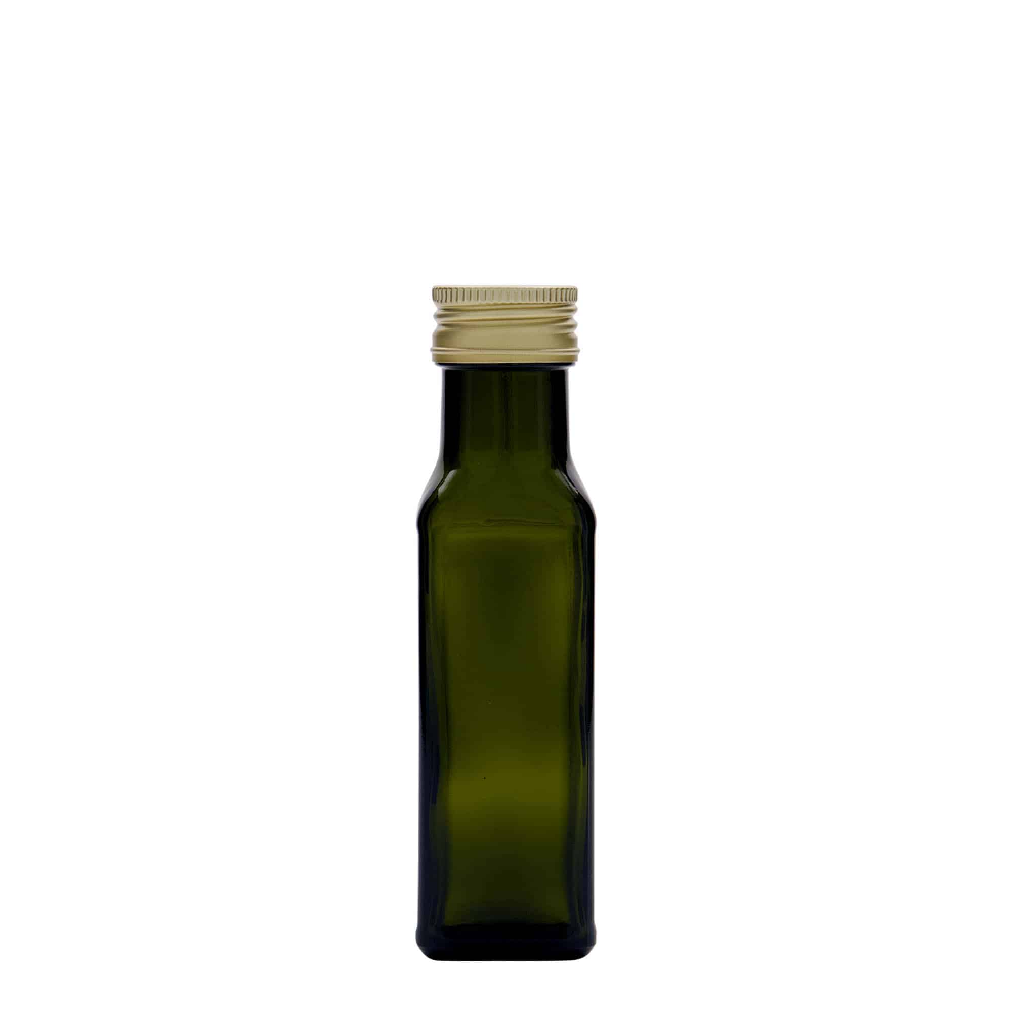 100 ml Glasflasche „Marasca“, quadratisch, antikgrün, Mündung: PP 31,5