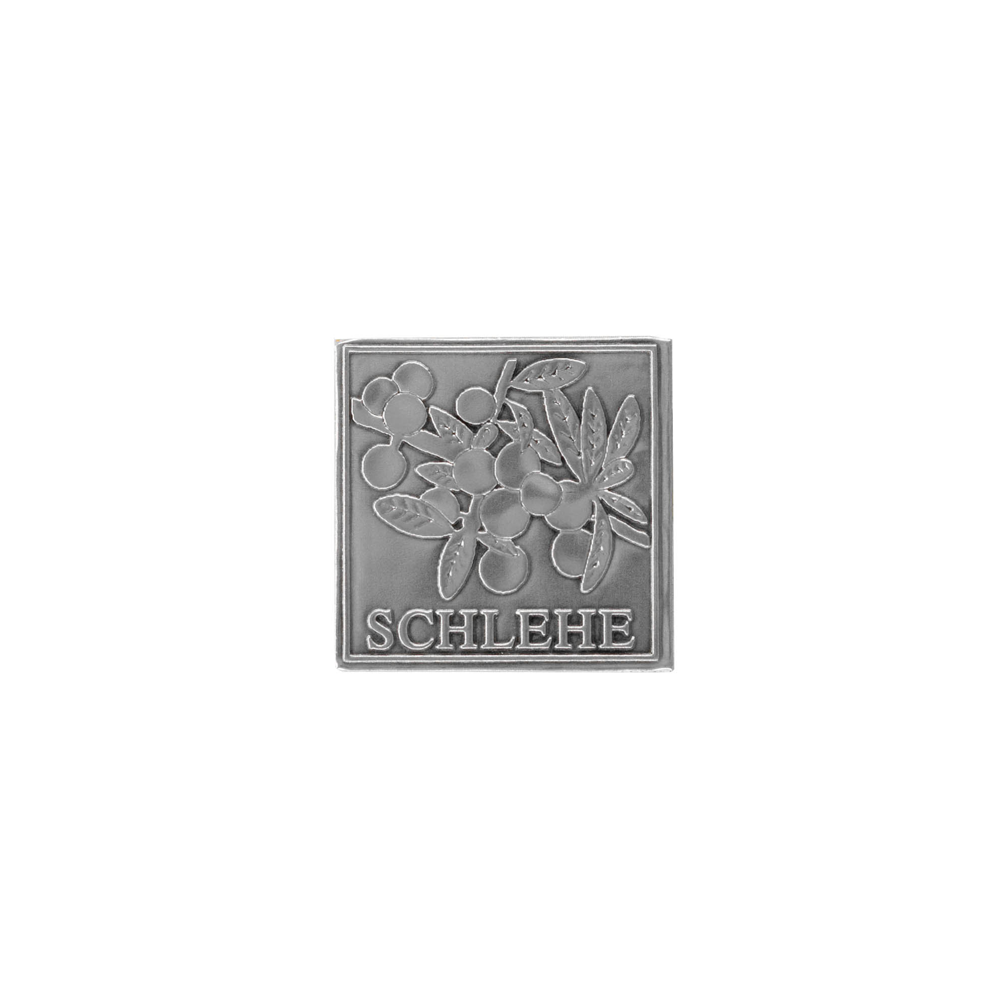 Zinnetikett 'Schlehe', quadratisch, Metall, silber Zinnetikett 'Schlehe', quadratisch, Metall, silber