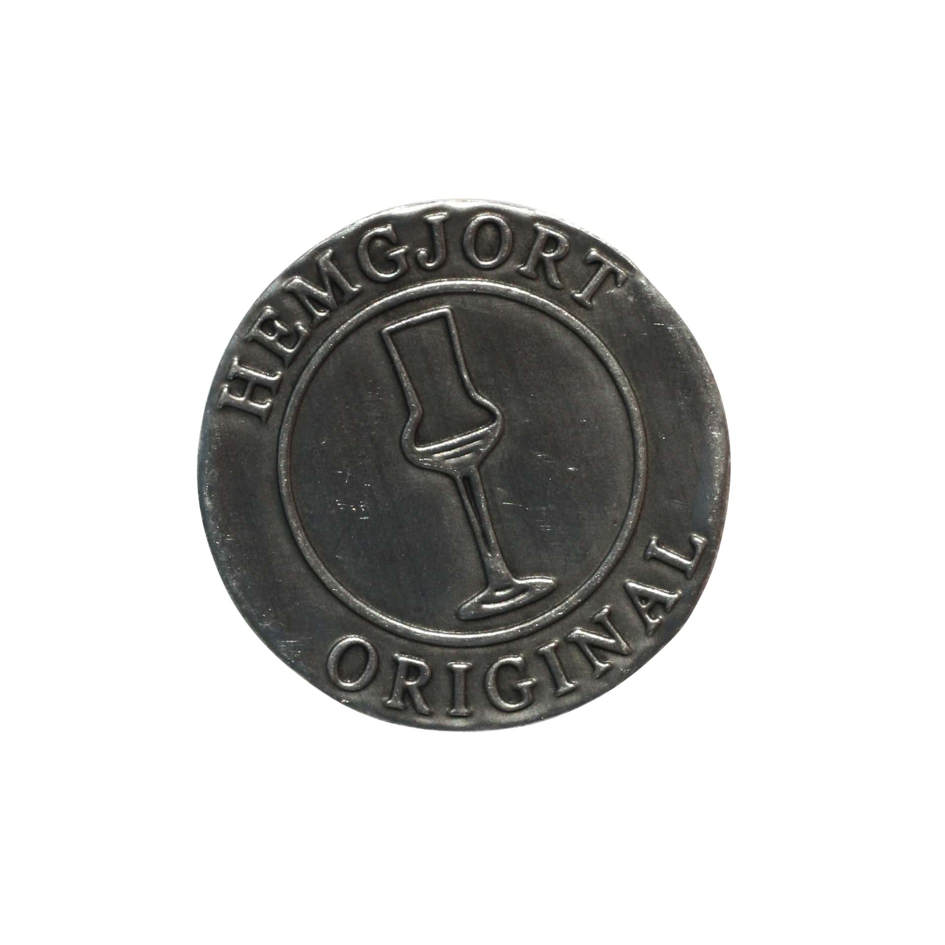 Zinnetikett 'Hemgjort Original', rund, Metall, silber Zinnetikett 'Hemgjort Original', rund, Metall, silber