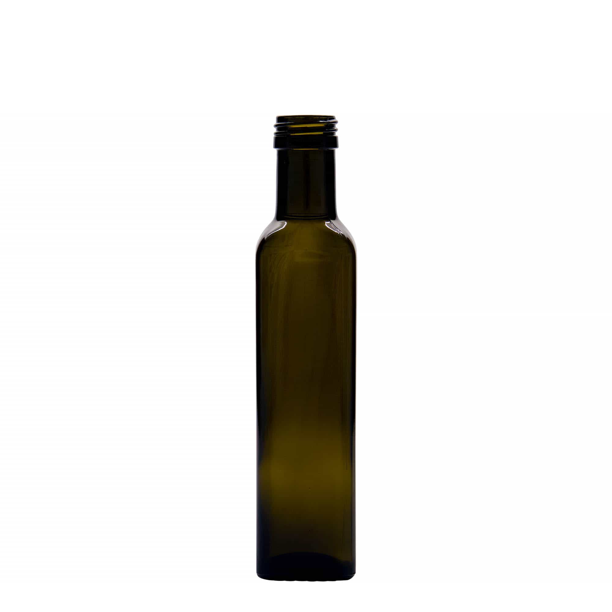 250 ml Glasflasche „Marasca“, quadratisch, antikgrün, Mündung: PP 31,5 250 ml Glasflasche „Marasca“, quadratisch, antikgrün, Mündung: PP 31,5