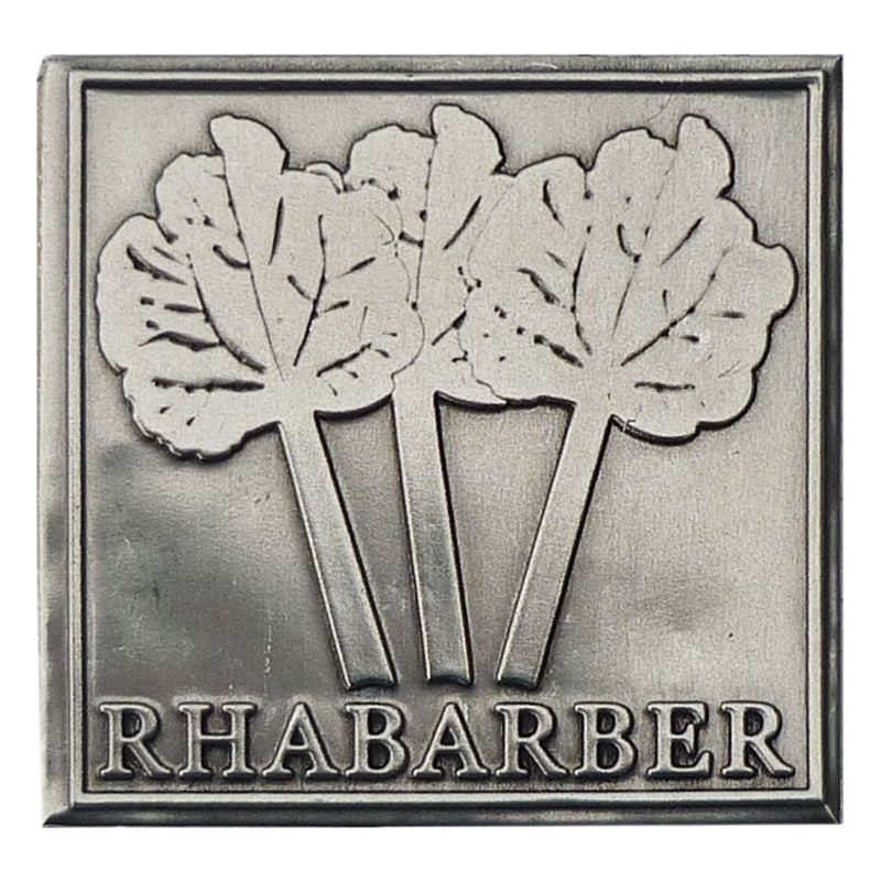 Zinnetikett 'Rhabarber', quadratisch, Metall, silber Zinnetikett 'Rhabarber', quadratisch, Metall, silber