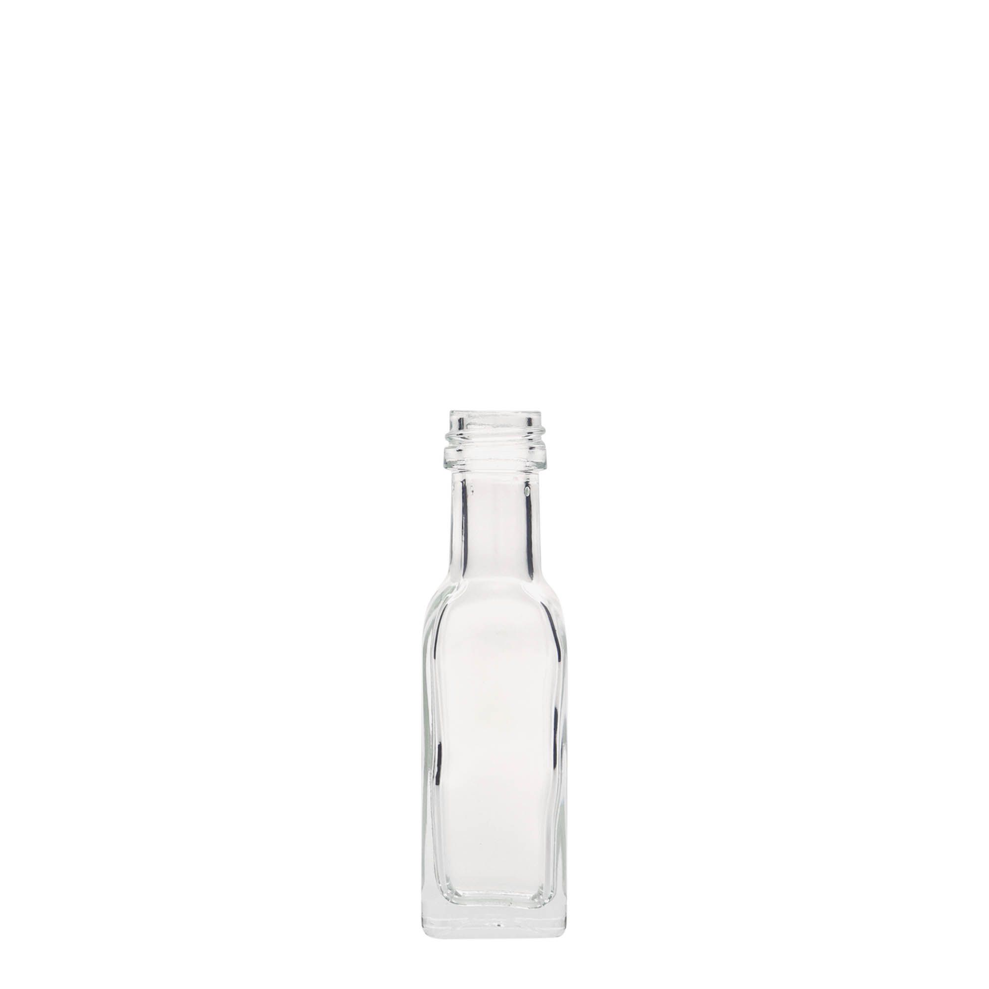 20 ml Glasflasche „Marasca“, quadratisch, Mündung: PP 18