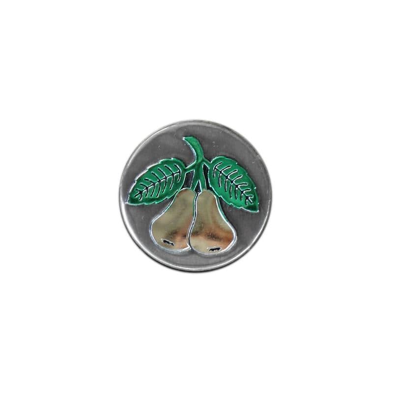 Zinnetikett „Birne“, rund, Metall, silber