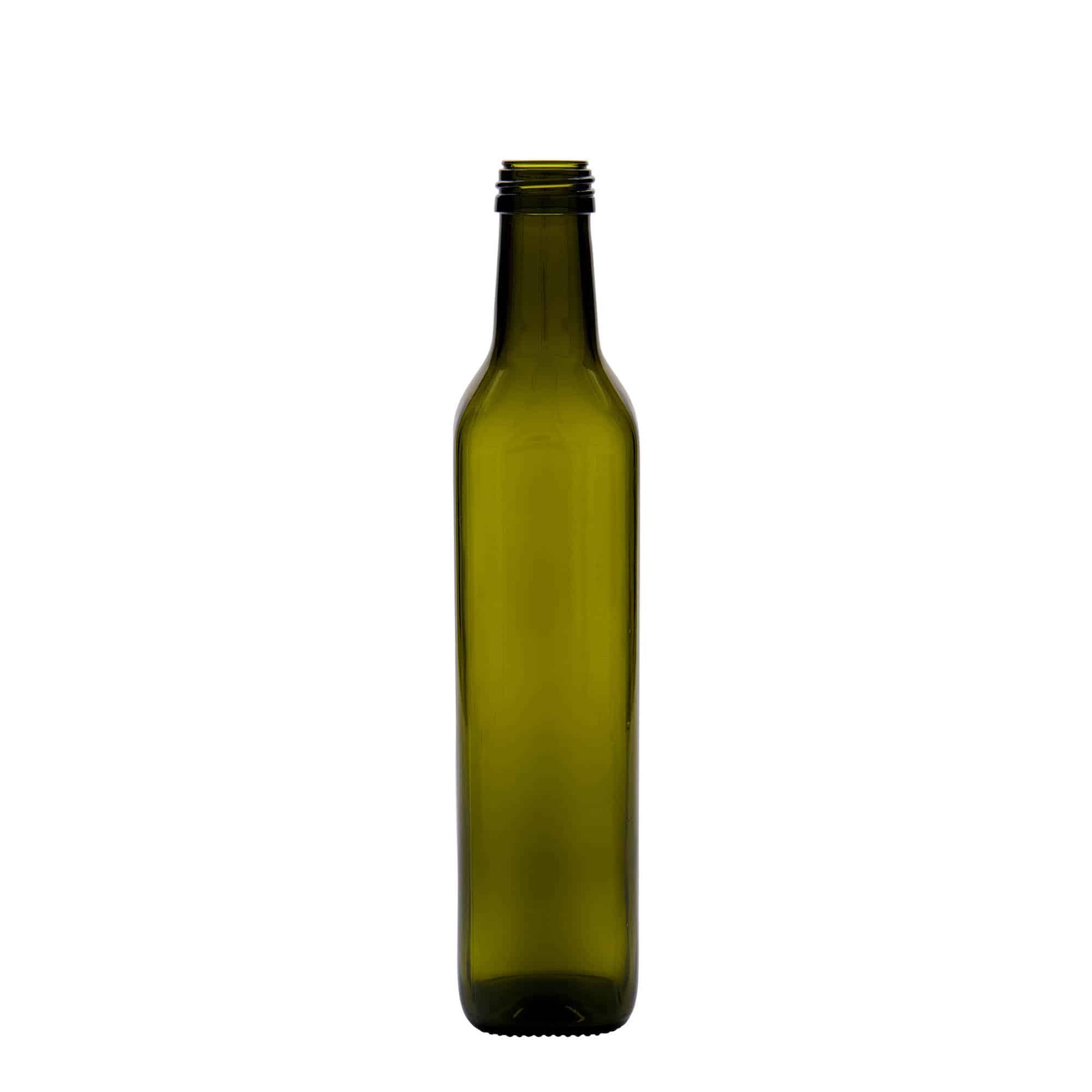 500 ml Glasflasche 'Marasca', quadratisch, antikgrün, Mündung: PP 31,5 500 ml Glasflasche 'Marasca', quadratisch, antikgrün, Mündung: PP 31,5