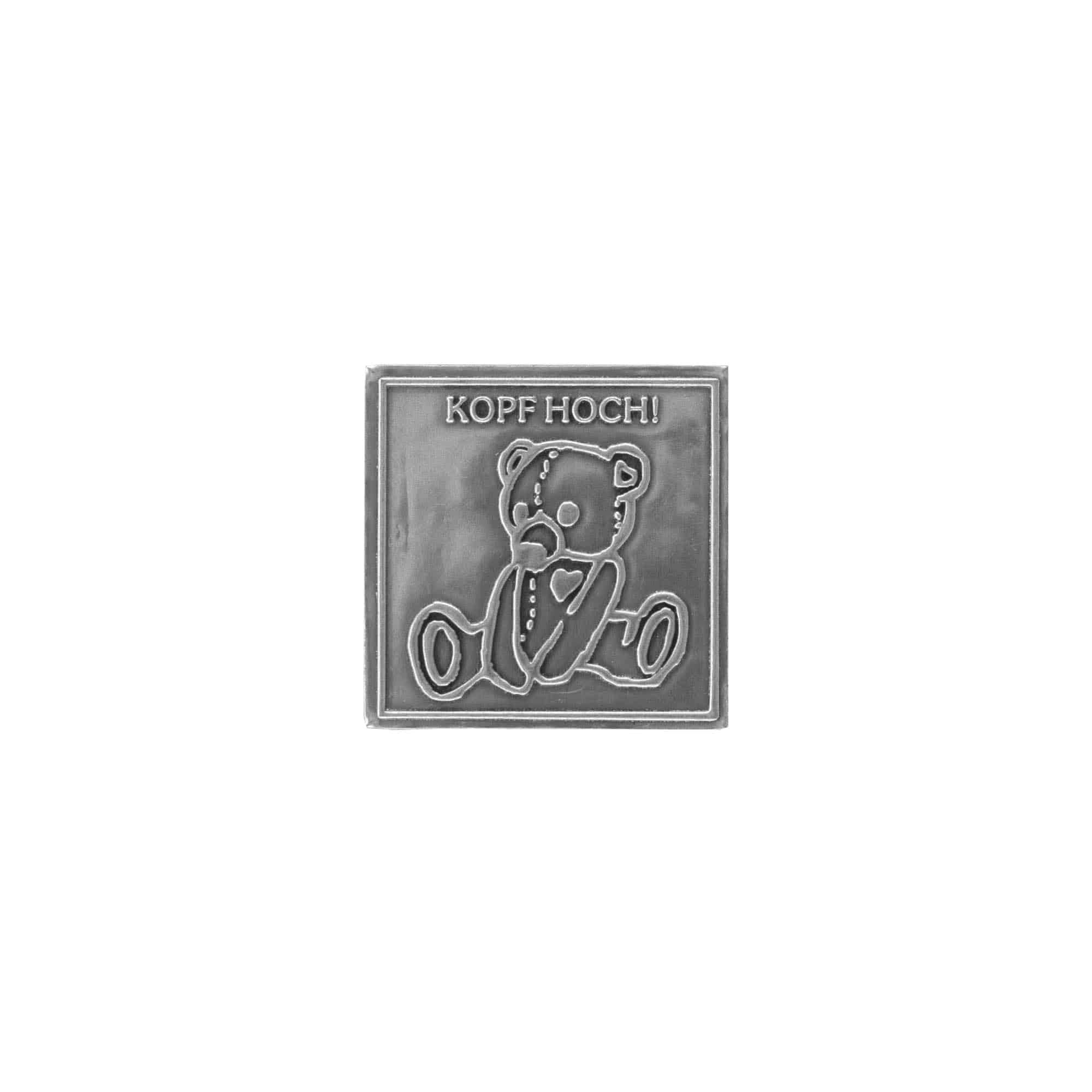 Zinnetikett „Kopf Hoch“, quadratisch, Metall, silber
