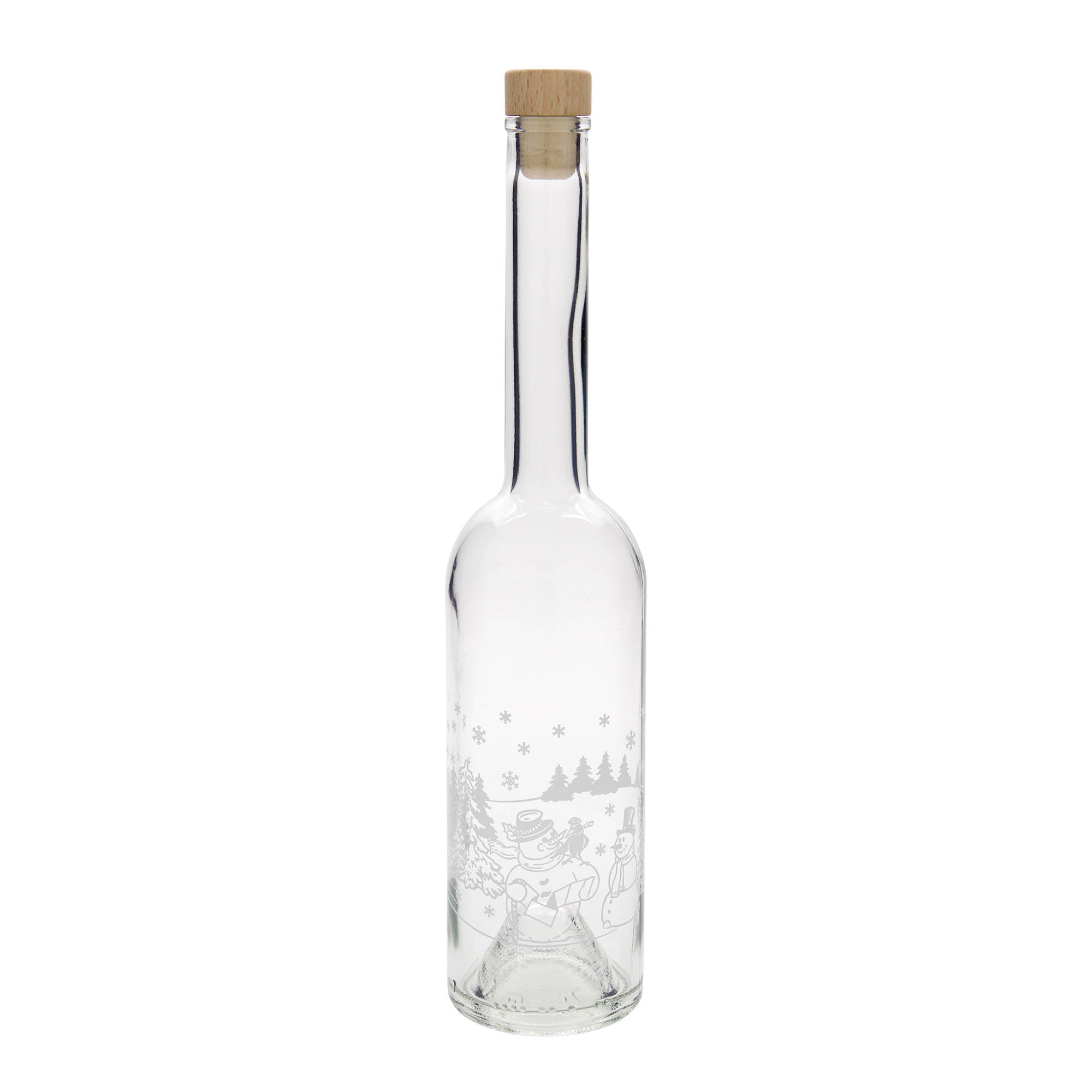 500 ml Glasflasche 'Opera', Motiv: Schneemannflasche, Mündung: Kork