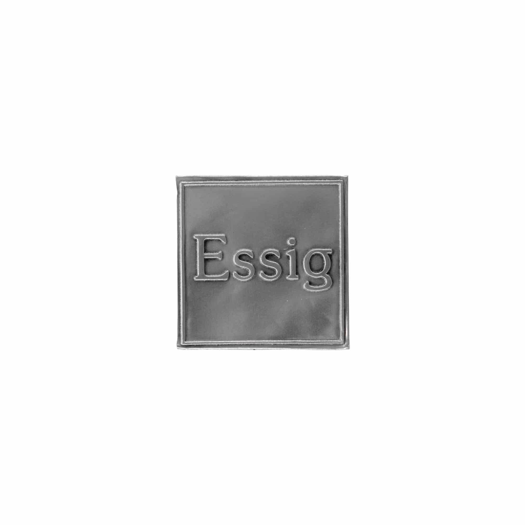 Zinnetikett „Essig“, quadratisch, Metall, silber