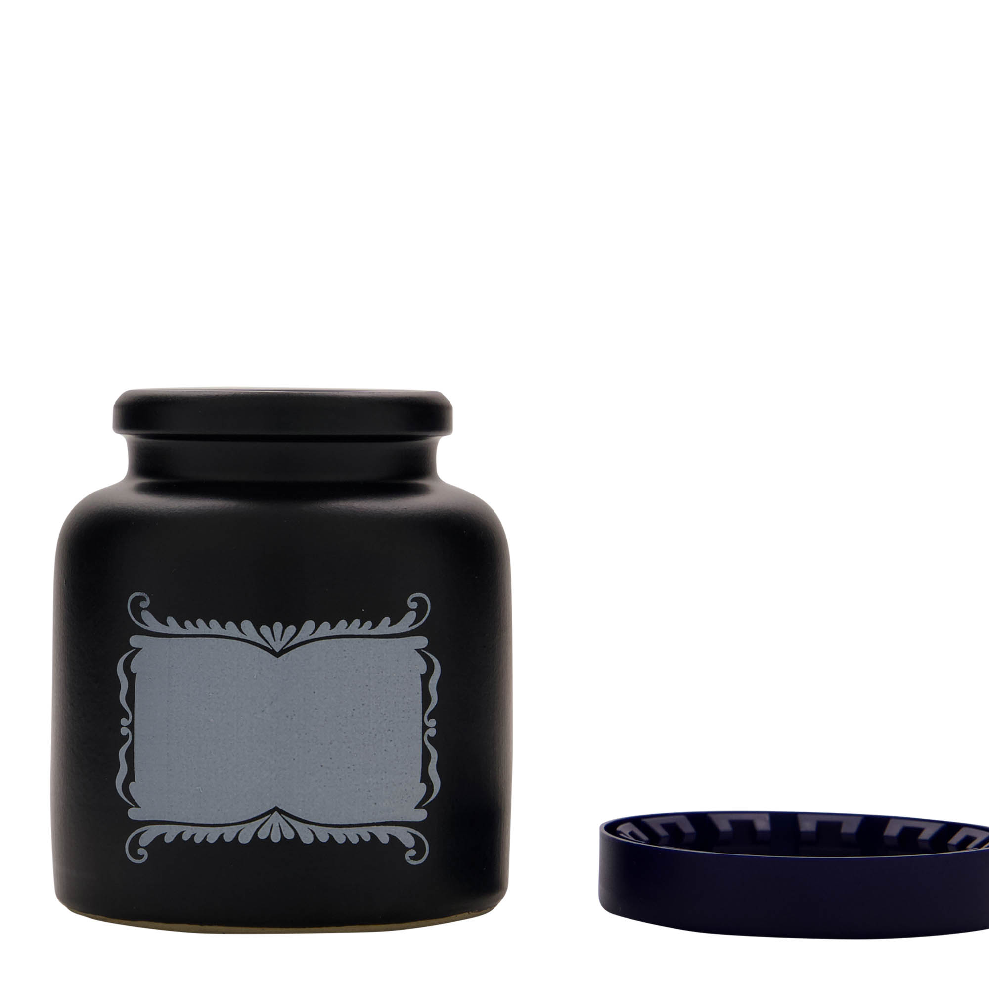 270 ml Steinzeugtopf, Motiv: Etikettenfeld, Keramik, schwarz, Mündung: Stülpdeckel 270 ml Steinzeugtopf, Motiv: Etikettenfeld, Keramik, schwarz, Mündung: Stülpdeckel