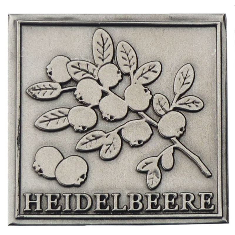Zinnetikett 'Heidelbeere', quadratisch, Metall, silber