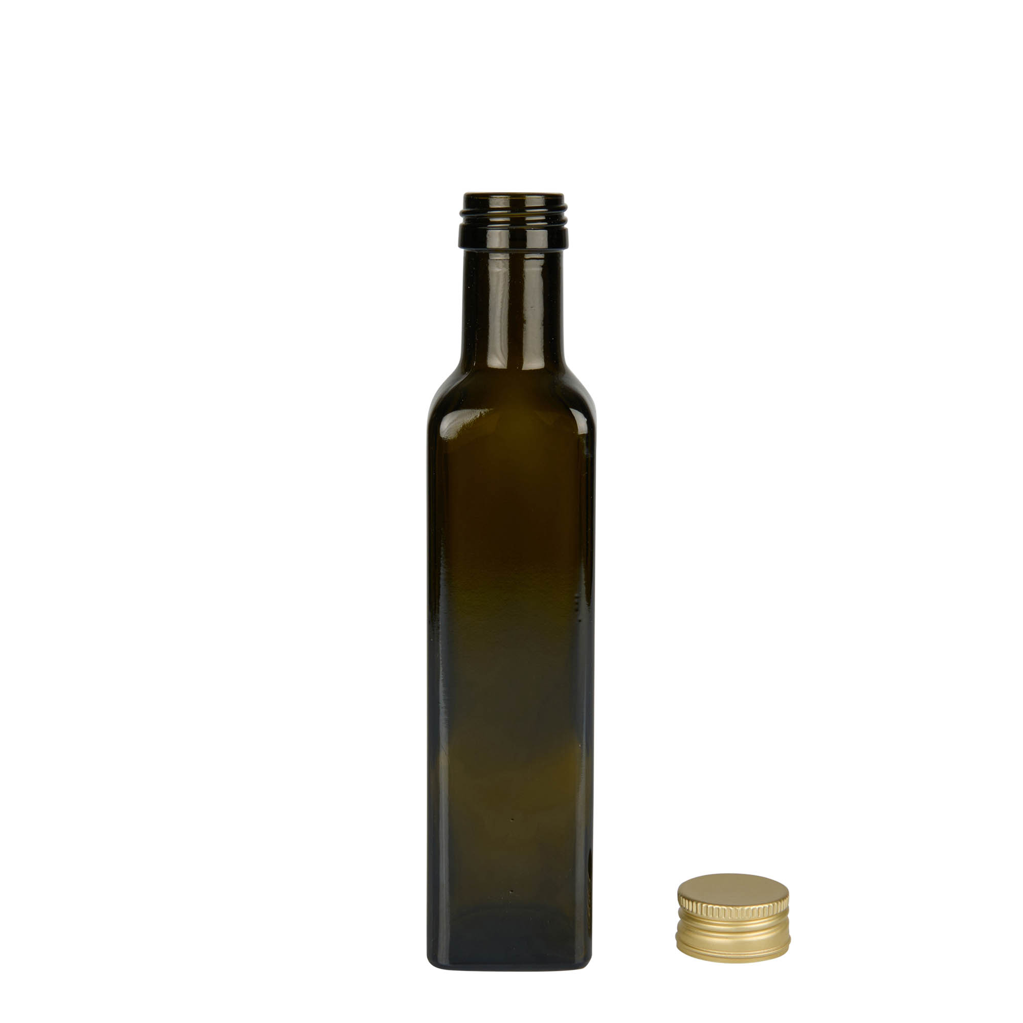 250 ml Glasflasche „Marasca“, quadratisch, antikgrün, Mündung: PP 31,5 250 ml Glasflasche „Marasca“, quadratisch, antikgrün, Mündung: PP 31,5