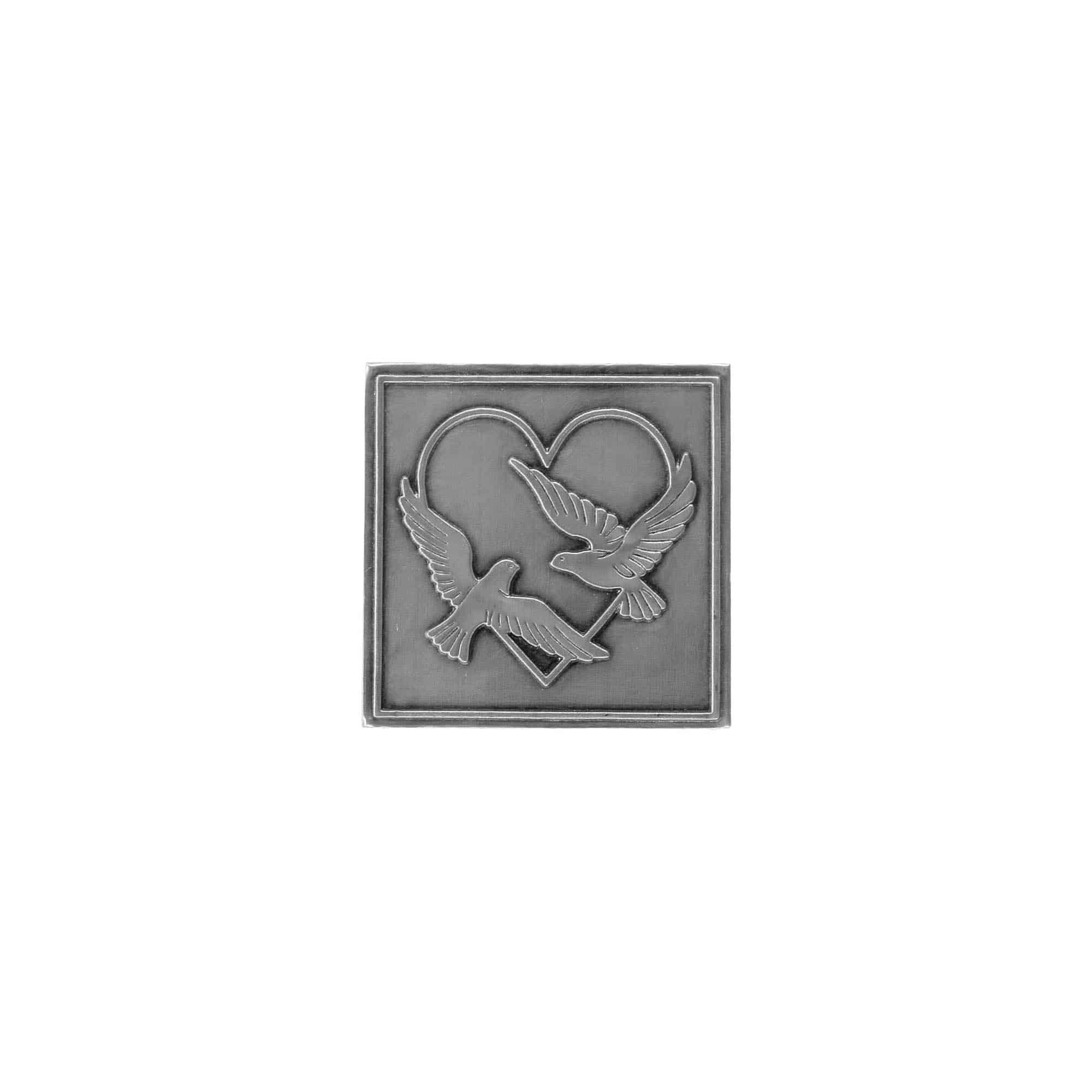 Zinnetikett „Hochzeitstauben“, quadratisch, Metall, silber