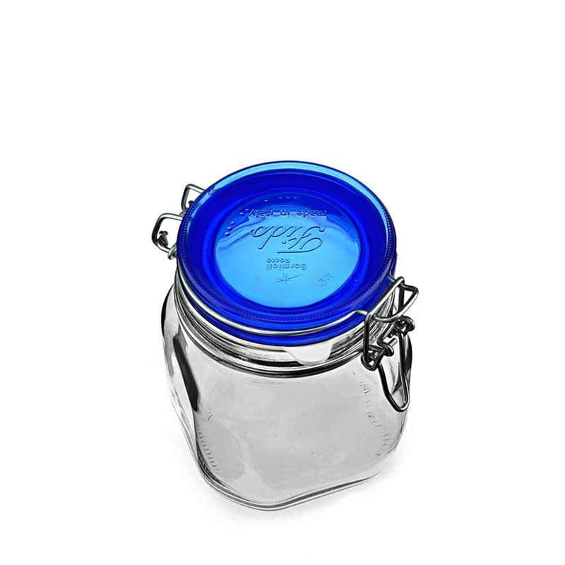 750 ml Drahtbügelglas 'Fido' Blue Top, quadratisch, Mündung: Drahtbügelverschluss