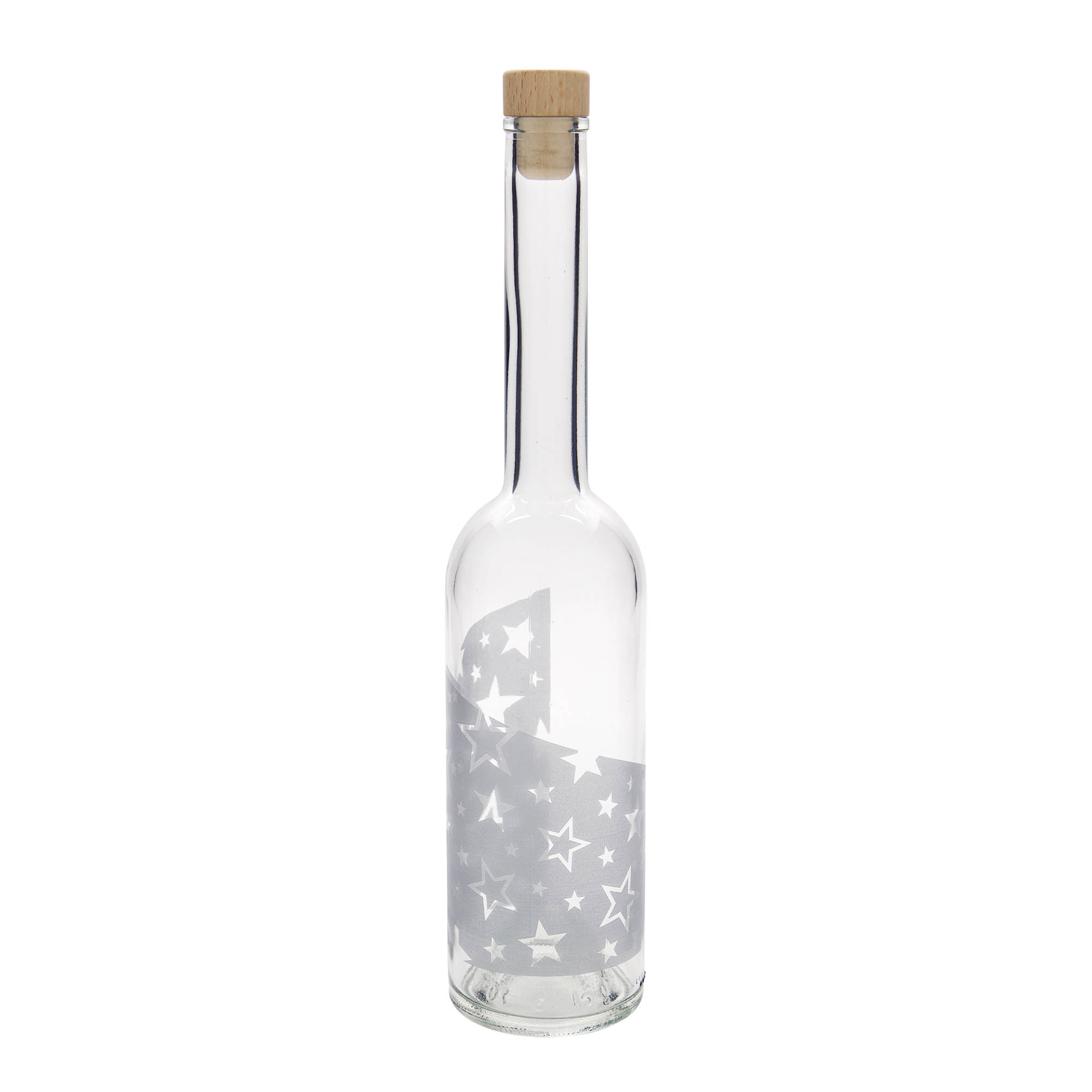 500 ml Glasflasche 'Opera', Motiv: Silbersterne, Mündung: Kork 500 ml Glasflasche 'Opera', Motiv: Silbersterne, Mündung: Kork