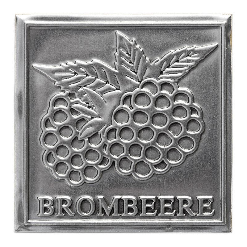 Zinnetikett 'Brombeere', quadratisch, Metall, silber Zinnetikett 'Brombeere', quadratisch, Metall, silber