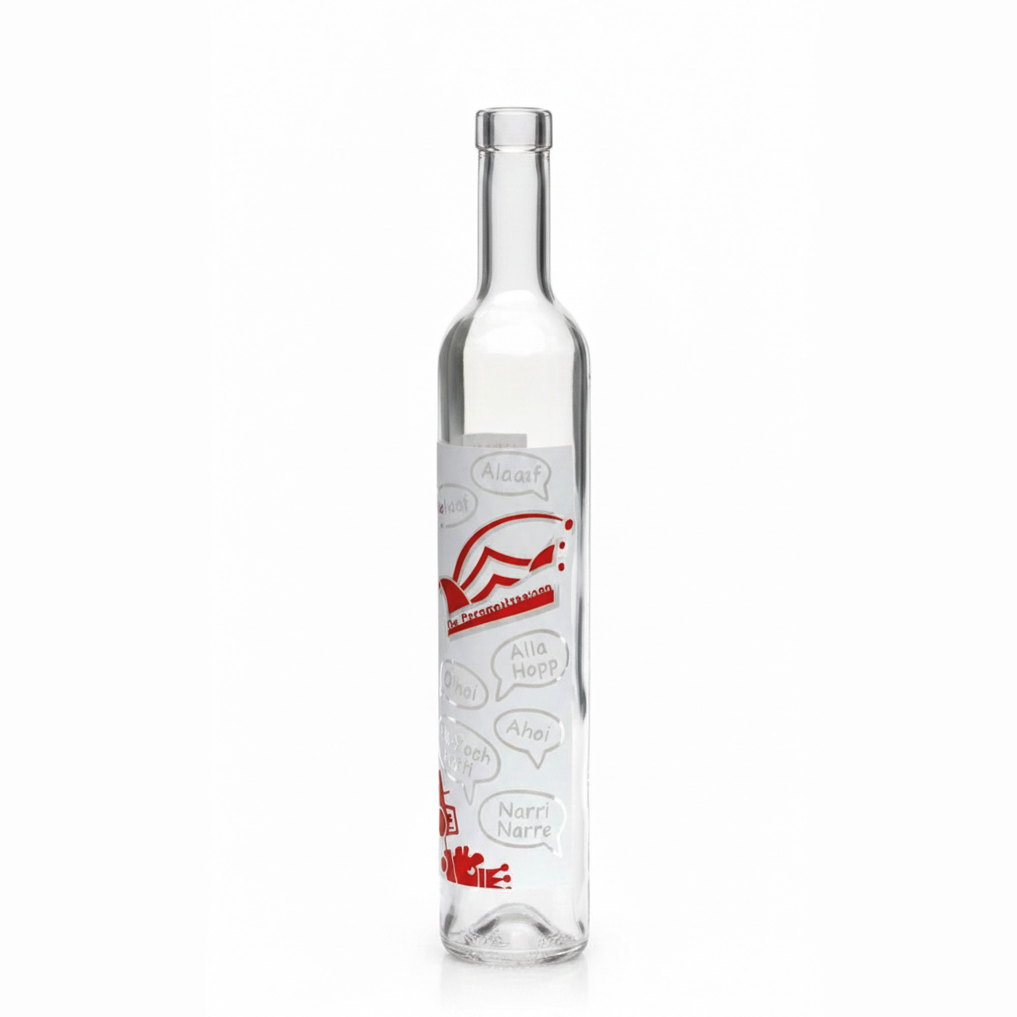 500 ml Glasflasche Maximo bedruckt 'Karneval', Mündung: Kork 500 ml Glasflasche Maximo bedruckt 'Karneval', Mündung: Kork