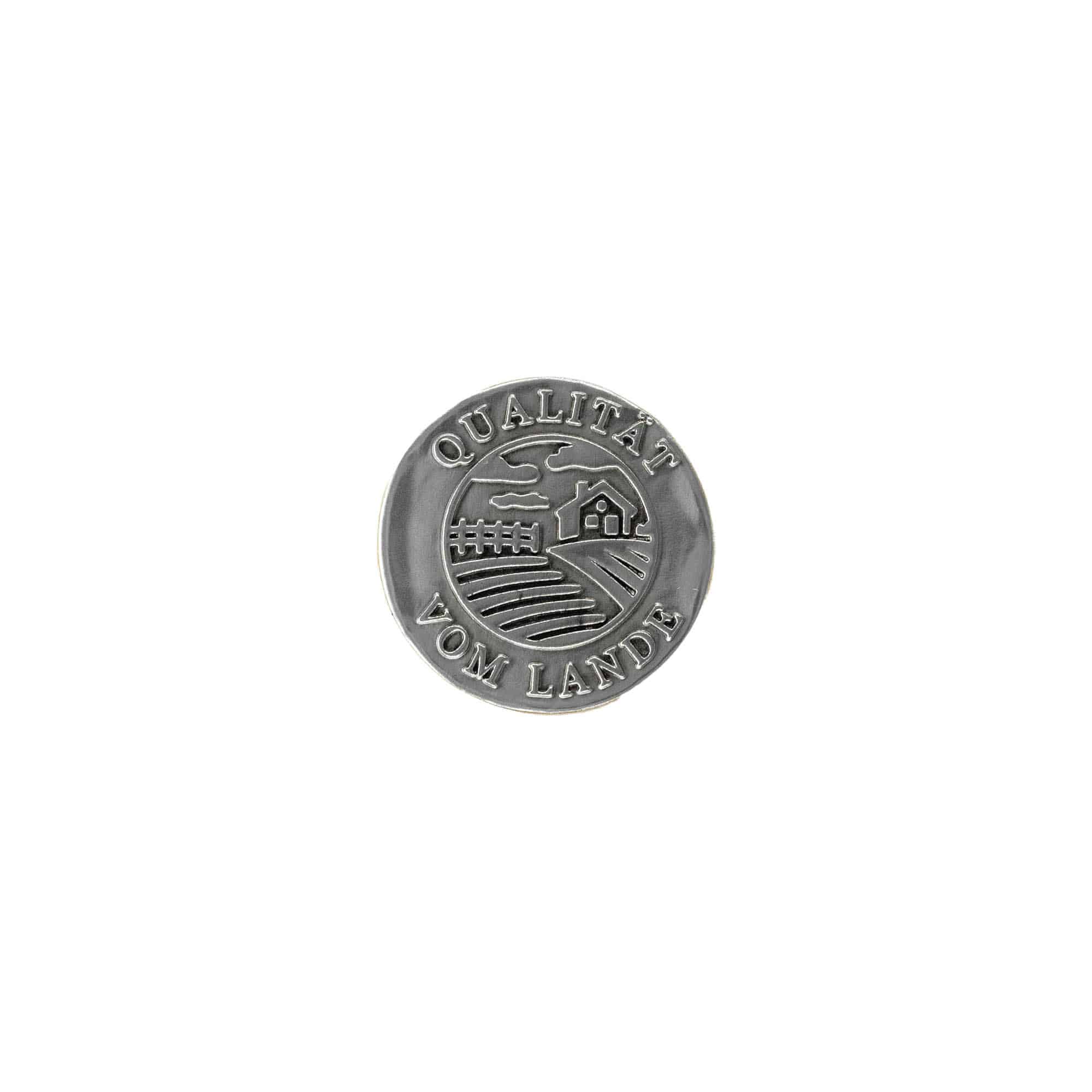 Zinnetikett „Qualität vom Lande“, rund, Metall, silber