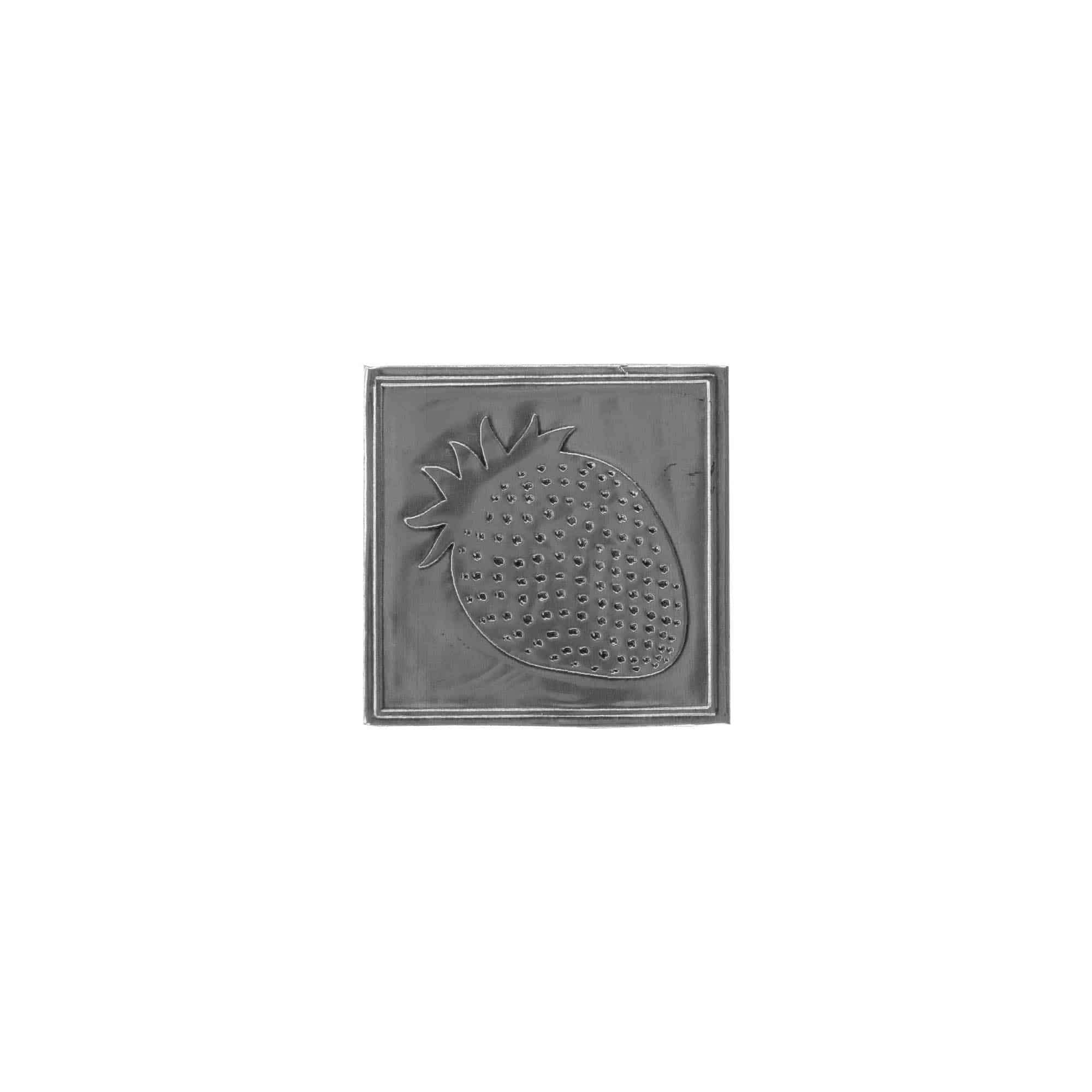 Zinnetikett „Erdbeere“, quadratisch, Metall, silber