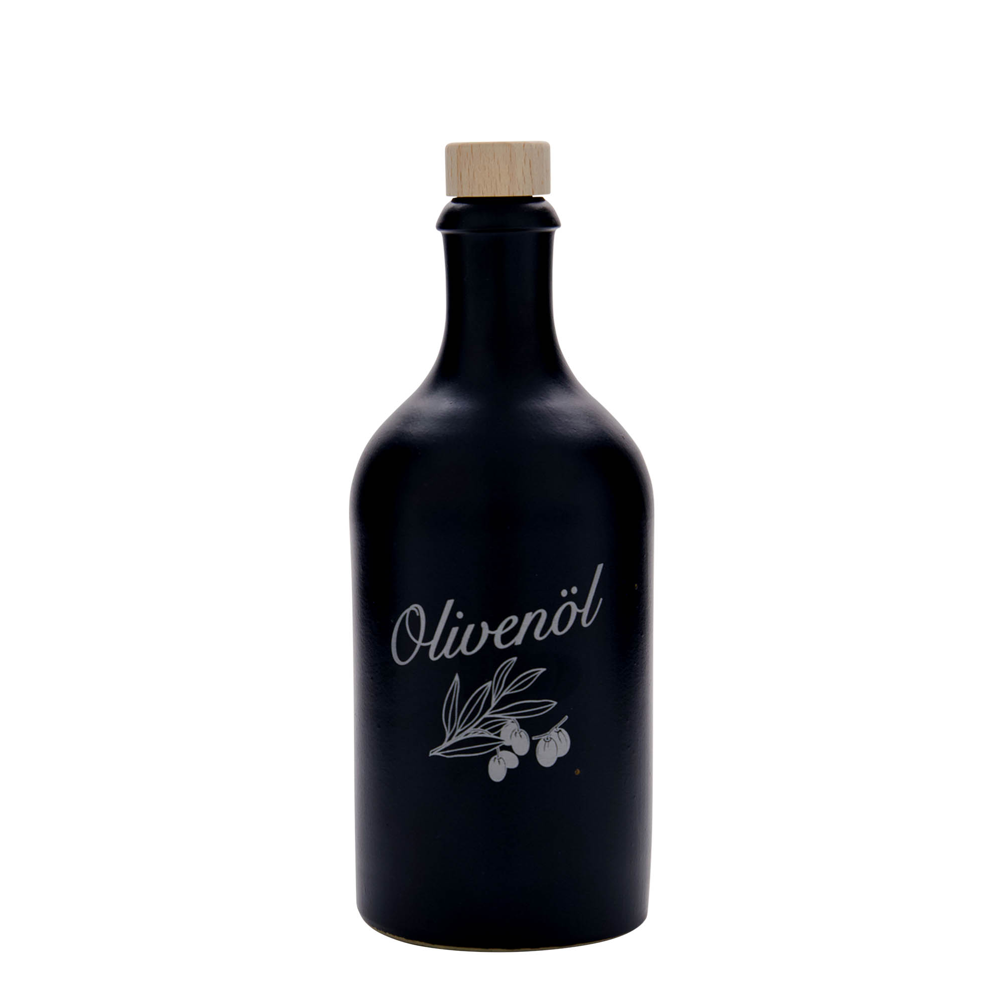 500 ml Tonkrug, Motiv: Olivenöl, Steinzeug, schwarz, Mündung: Kork 500 ml Tonkrug, Motiv: Olivenöl, Steinzeug, schwarz, Mündung: Kork