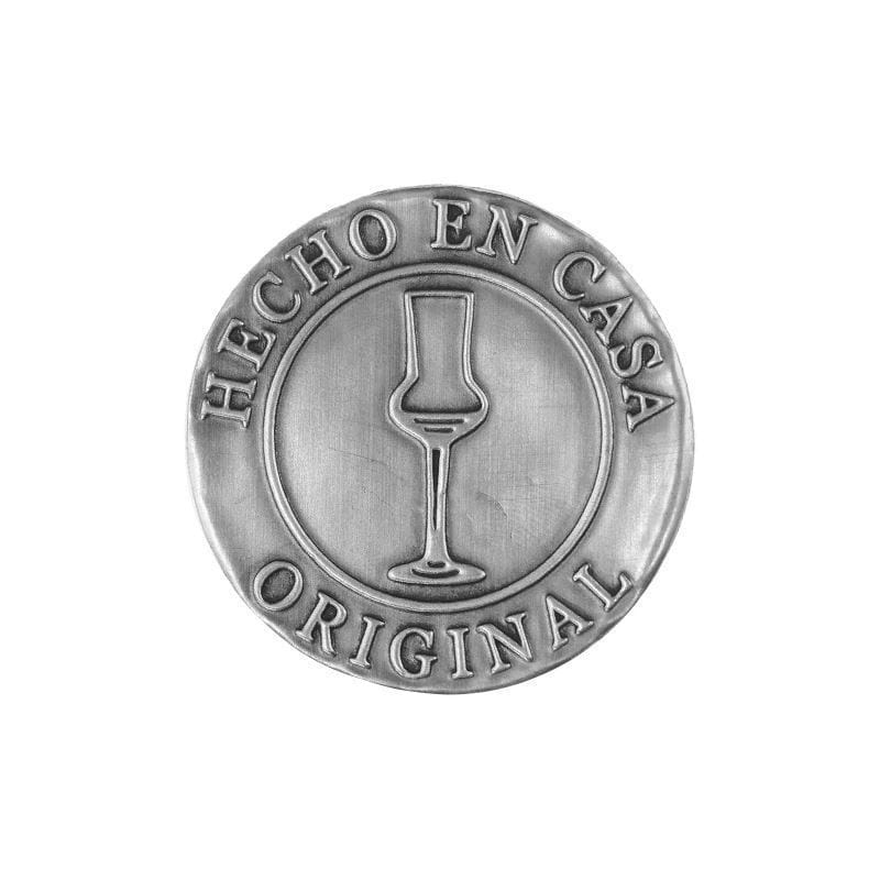 Zinnetikett „Hecho en Casa“, rund, Metall, silber