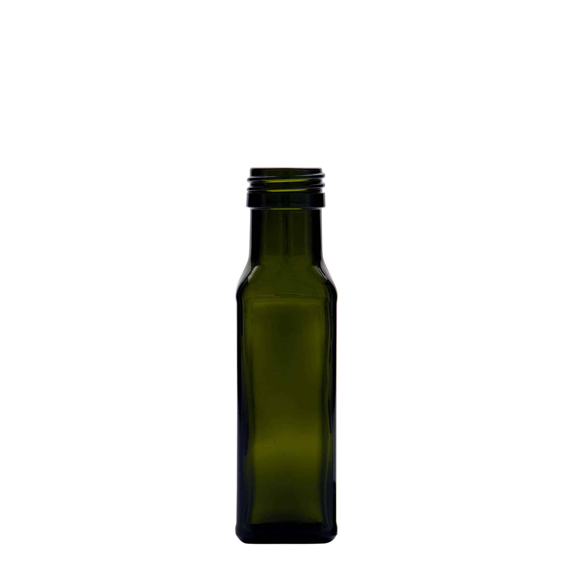 100 ml Glasflasche 'Marasca', quadratisch, antikgrün, Mündung: PP 31,5