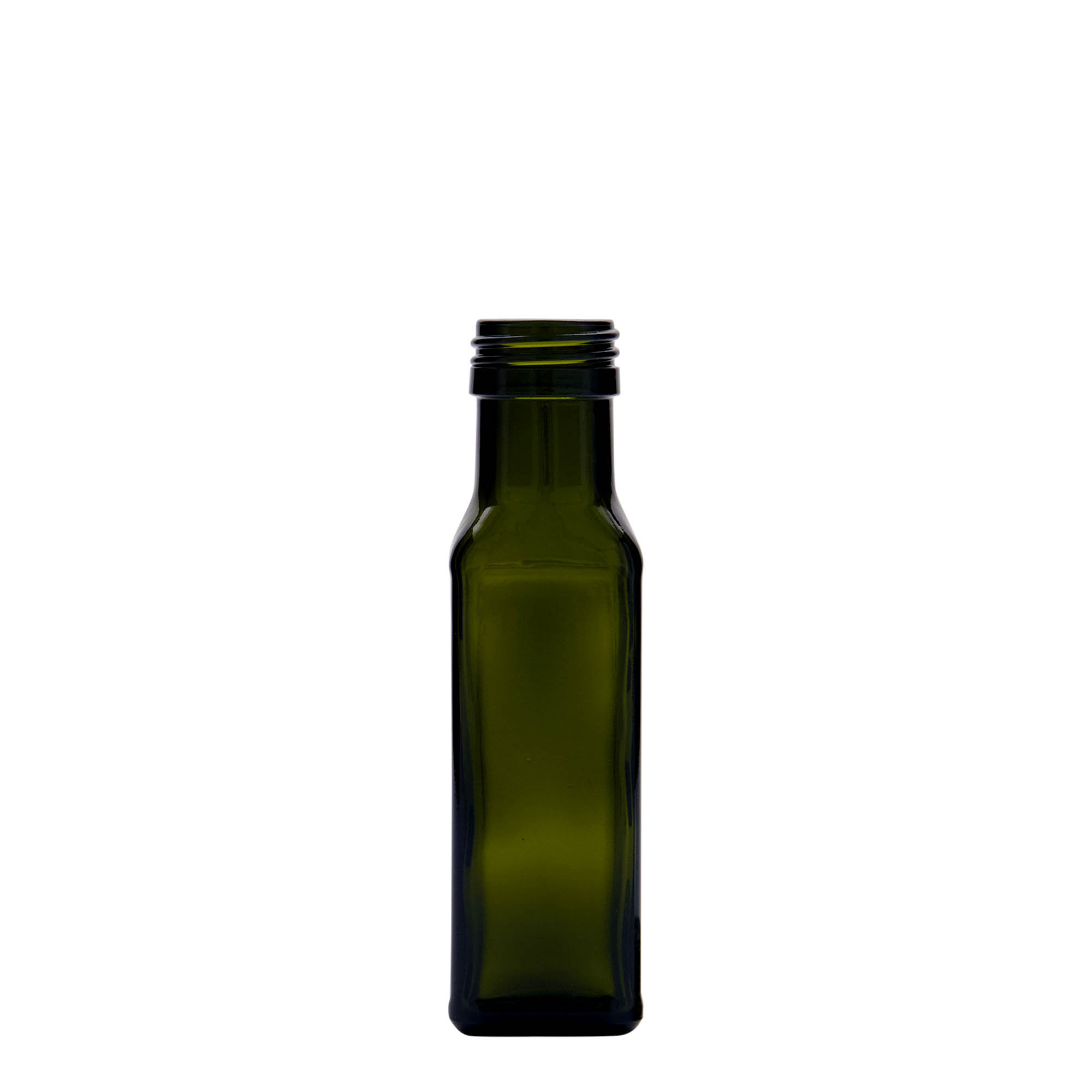 100 ml Glasflasche „Marasca“, quadratisch, antikgrün, Mündung: PP 31,5