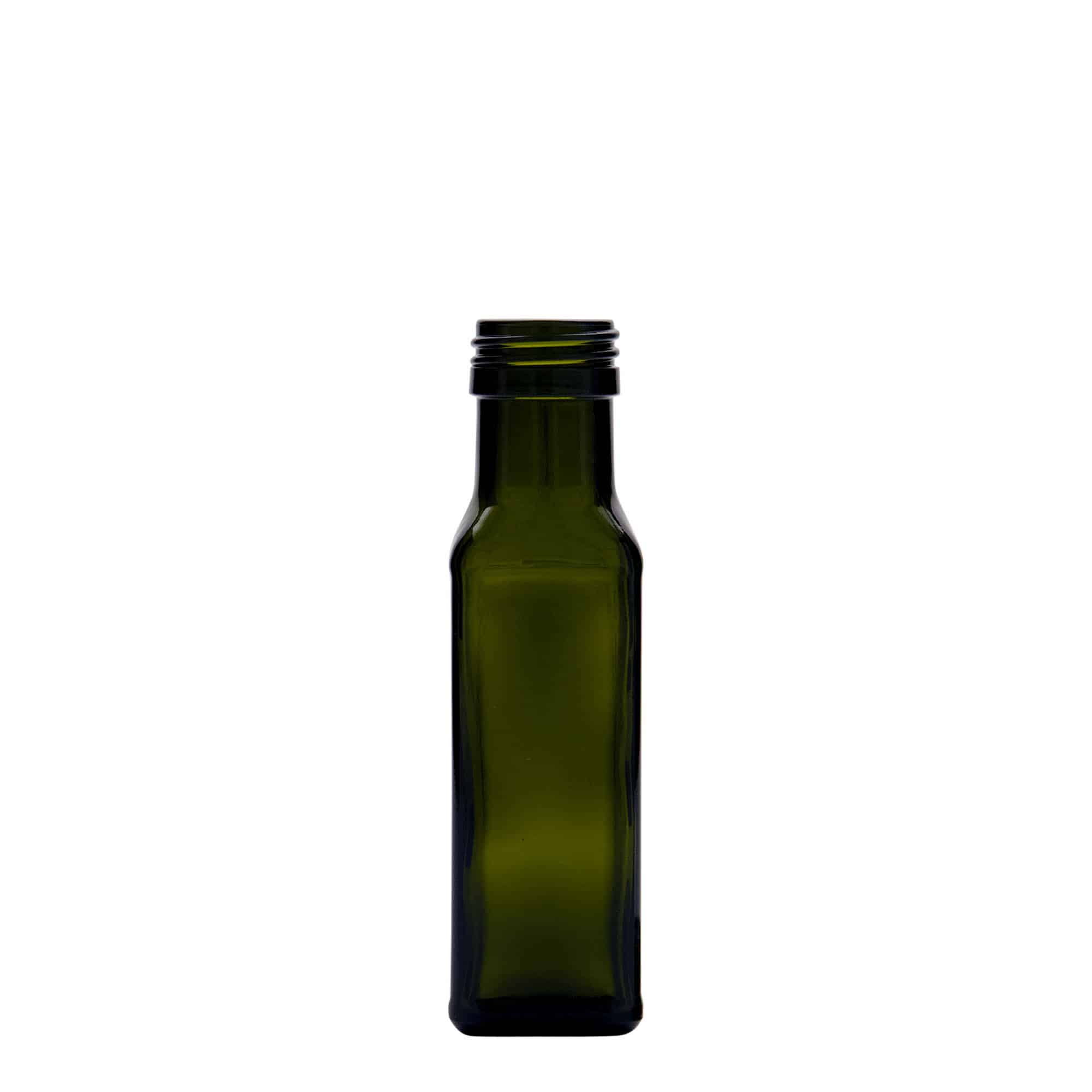 100 ml Glasflasche „Marasca“, quadratisch, antikgrün, Mündung: PP 31,5