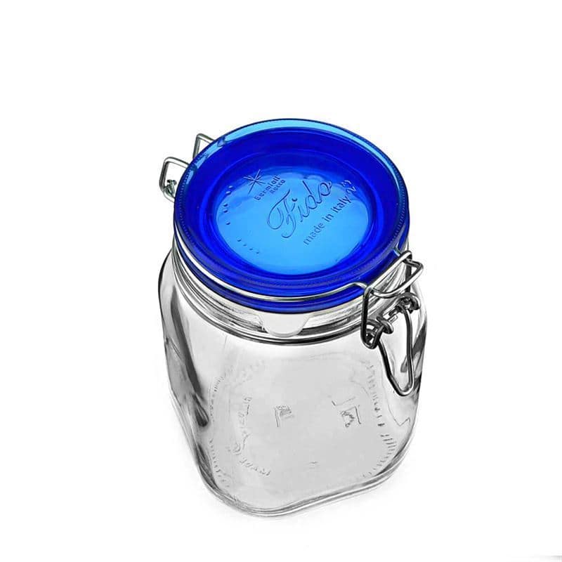 1.000 ml Drahtbügelglas 'Fido' Blue Top, quadratisch, Mündung: Drahtbügelverschluss