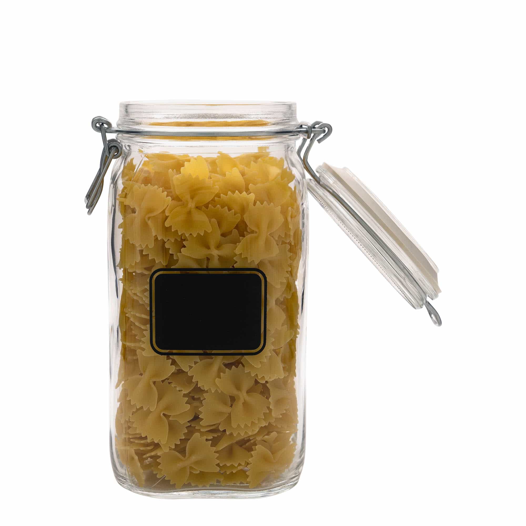 1.500 ml Drahtbügelglas „Fido“, Motiv: Etikettenfeld, quadratisch, Mündung: Drahtbügelverschluss