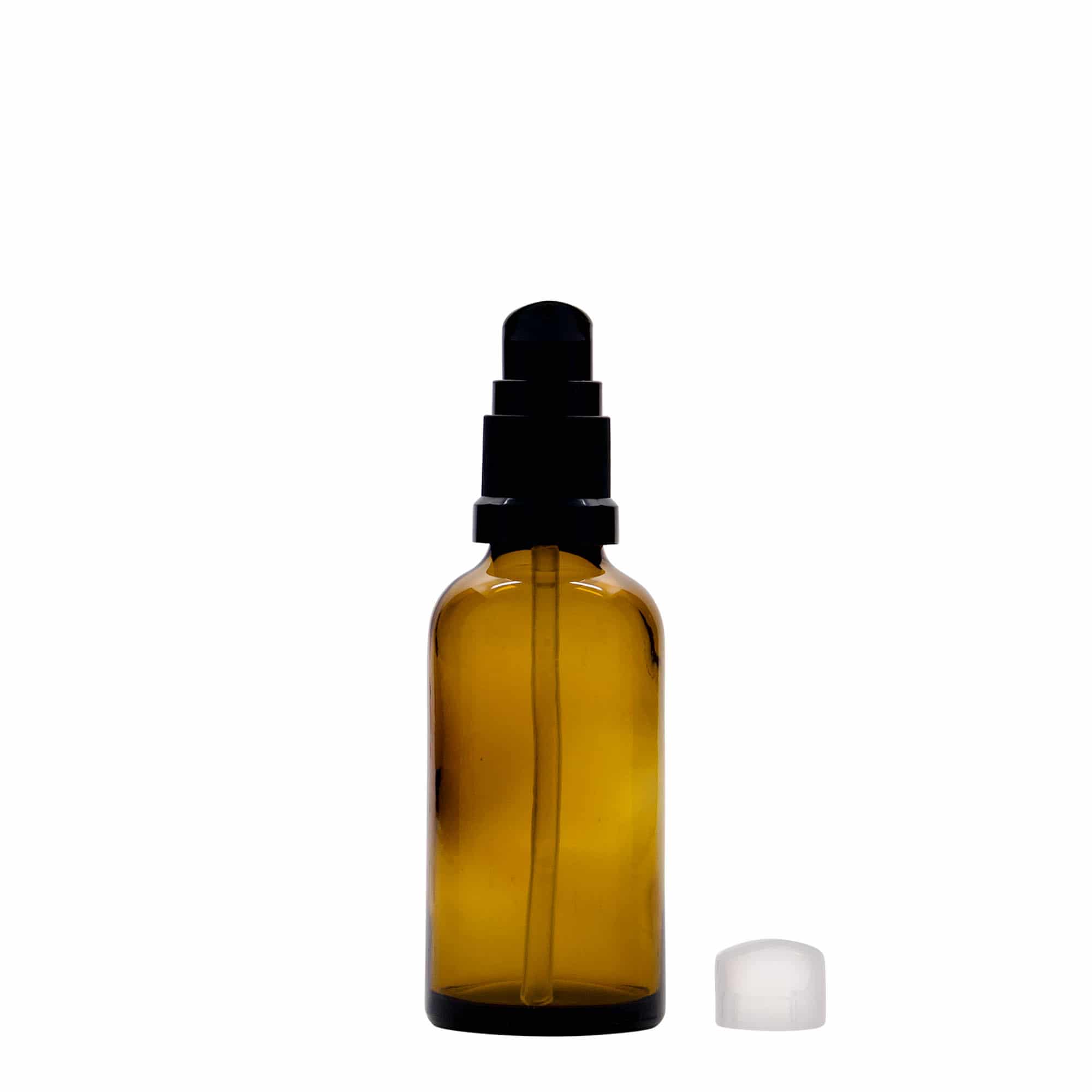 50 ml Medizinflasche mit Lotionspumpe, Glas, braun, Mündung: DIN 18 50 ml Medizinflasche mit Lotionspumpe, Glas, braun, Mündung: DIN 18