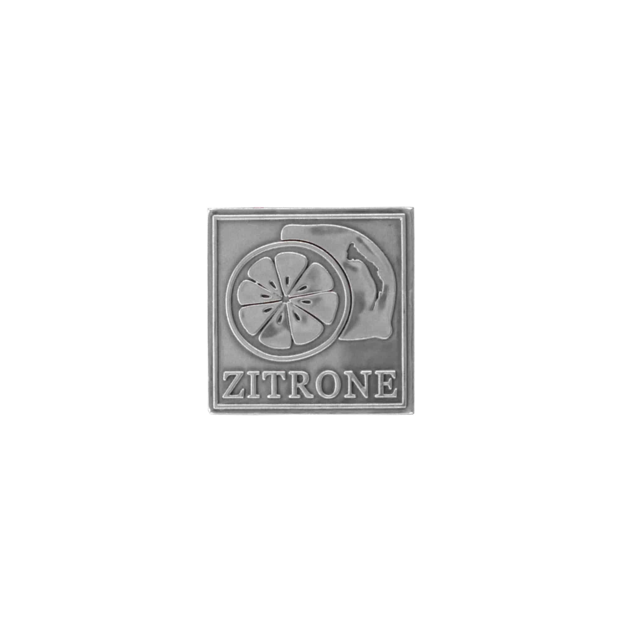 Zinnetikett „Zitrone“, quadratisch, Metall, silber